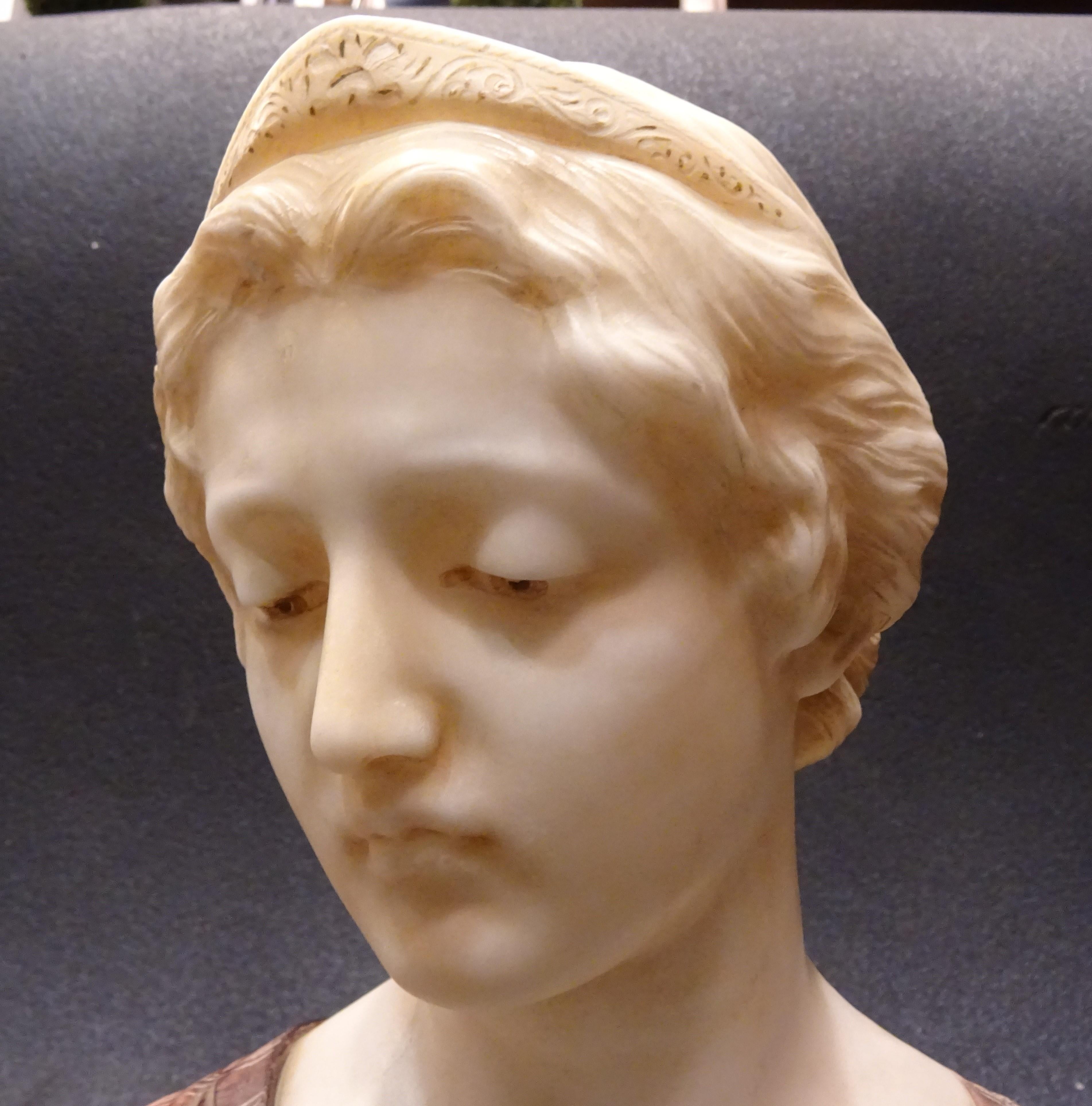 Early 20th Century Art Nouveau Bust Italian in marble andalabaster Giuseppe Bessi Signed 
