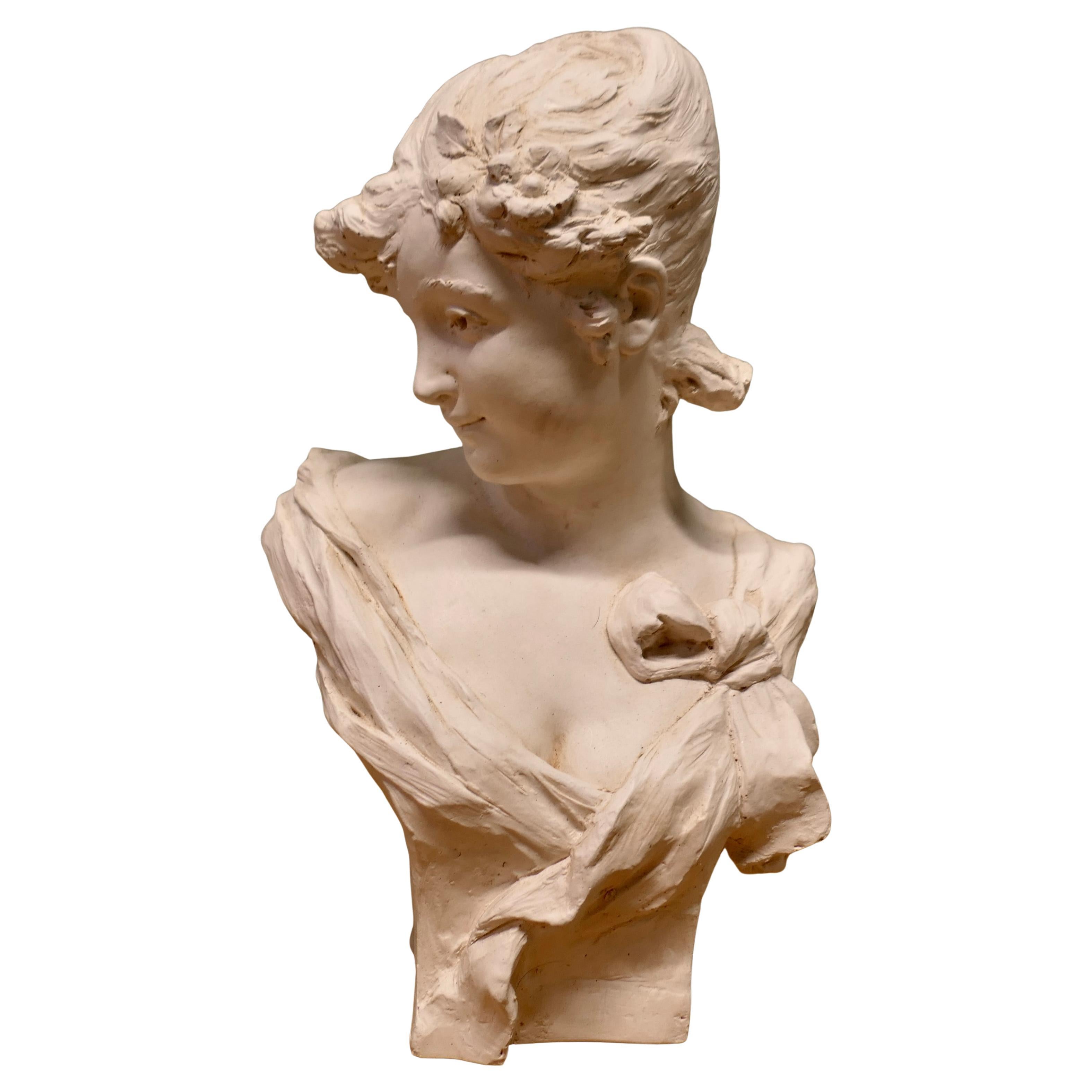 Art Nouveau Bust of a Lady, after Alfred Foretay Art Nouveau hard plaster bust For Sale