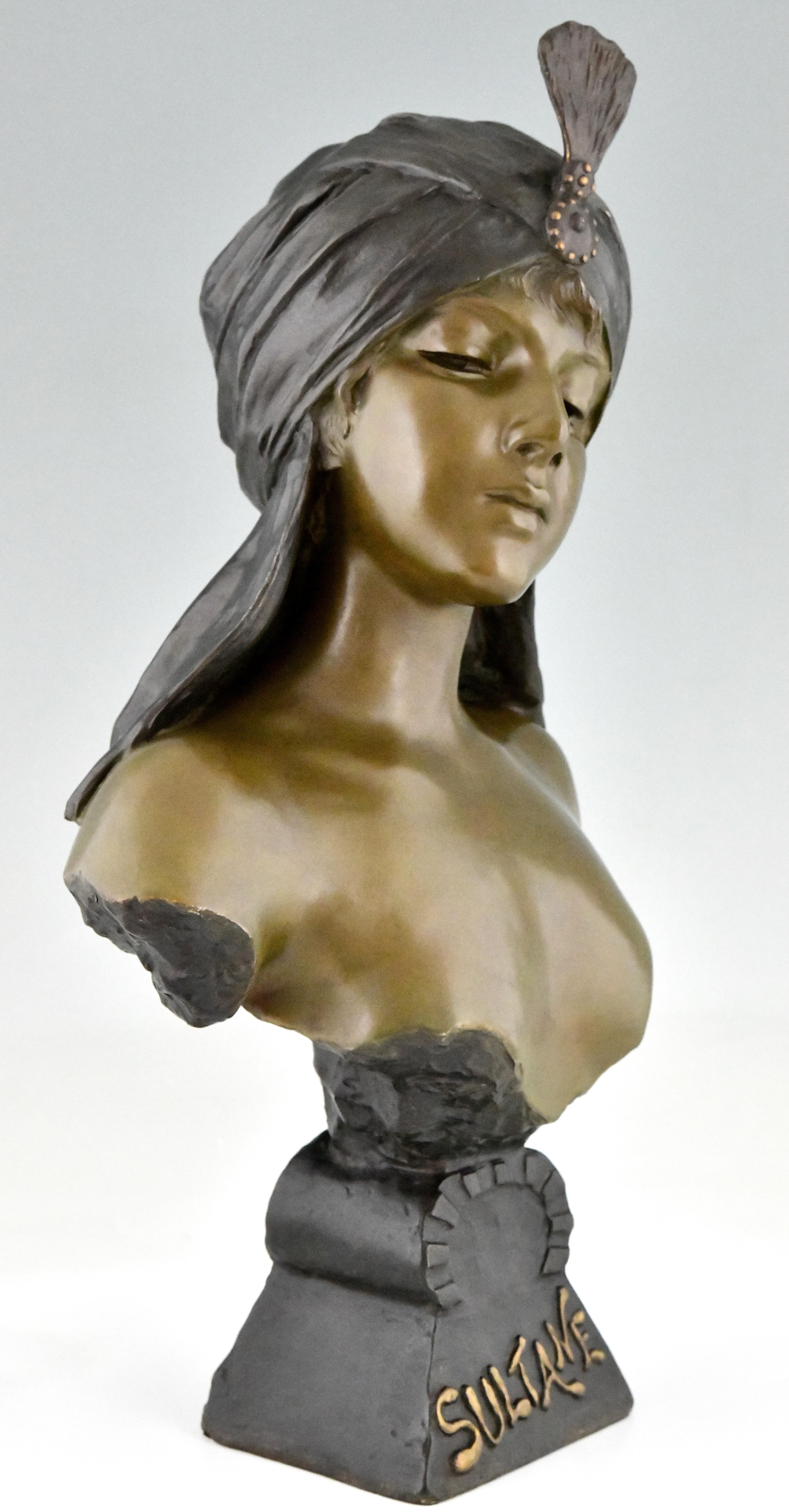 French Art Nouveau bust of a woman Sultane signed by Emmanuel Villanis 1890 For Sale