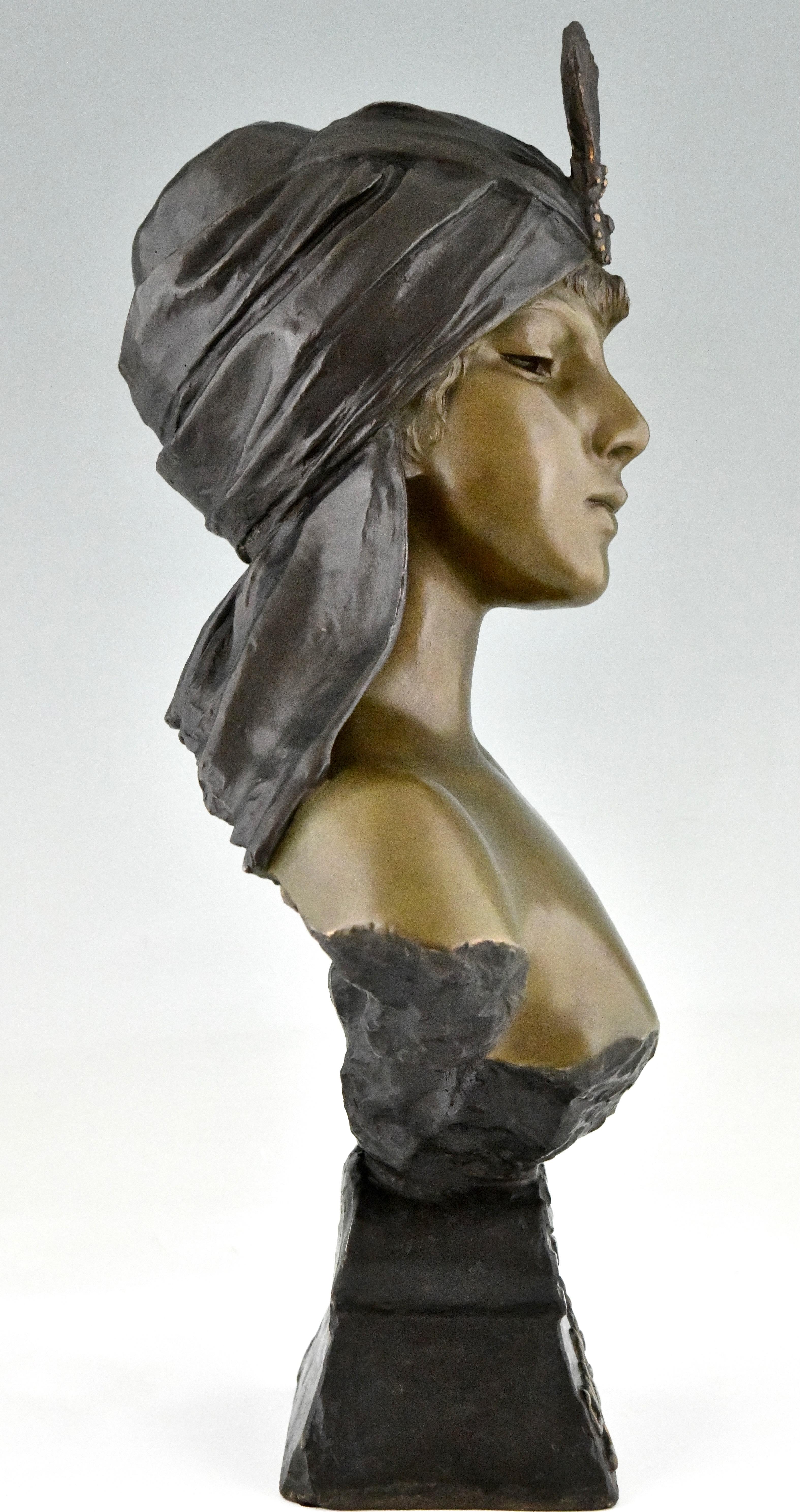Patinated Art Nouveau bust of a woman Sultane signed by Emmanuel Villanis 1890 For Sale
