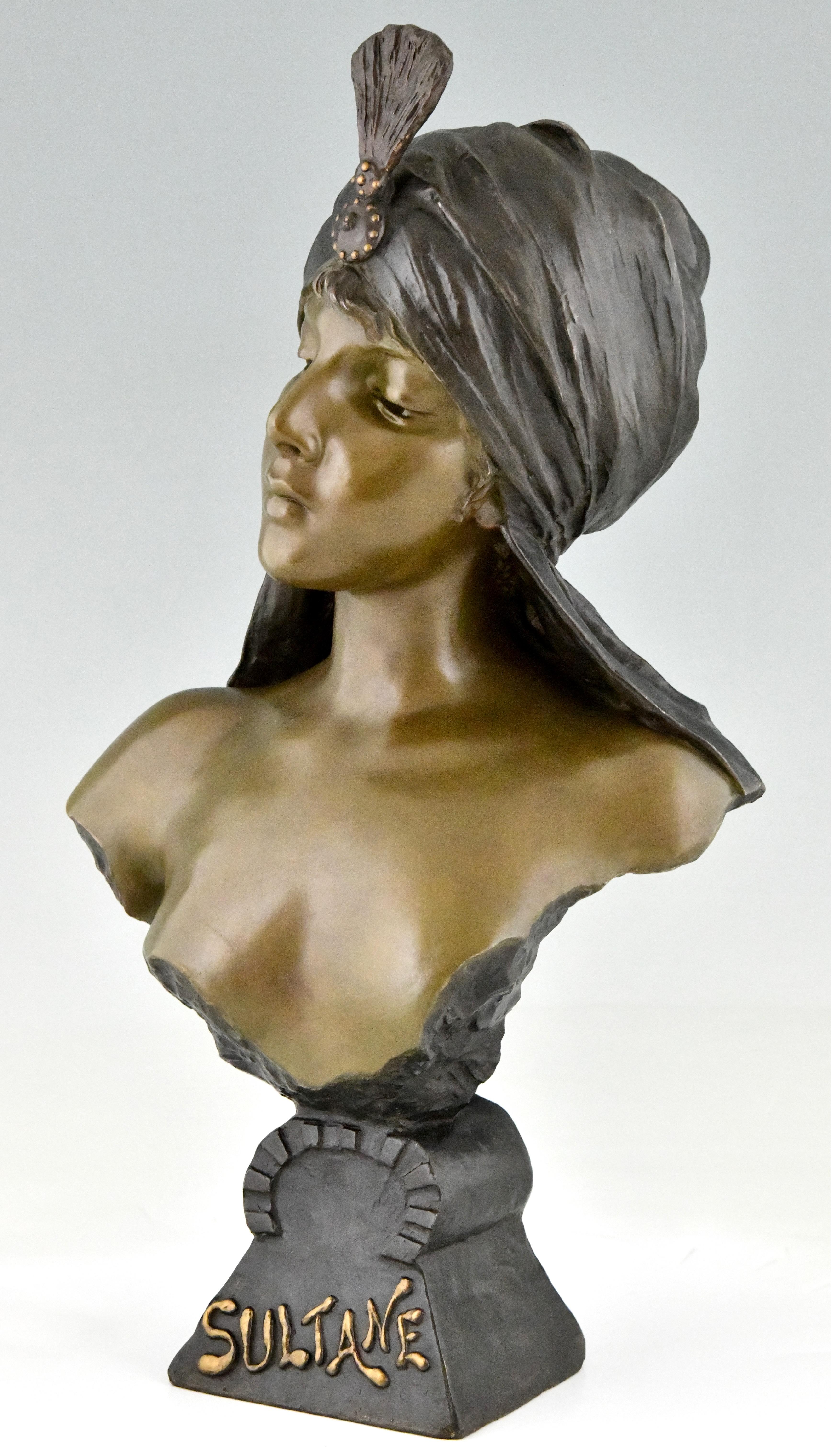 Metal Art Nouveau bust of a woman Sultane signed by Emmanuel Villanis 1890 For Sale