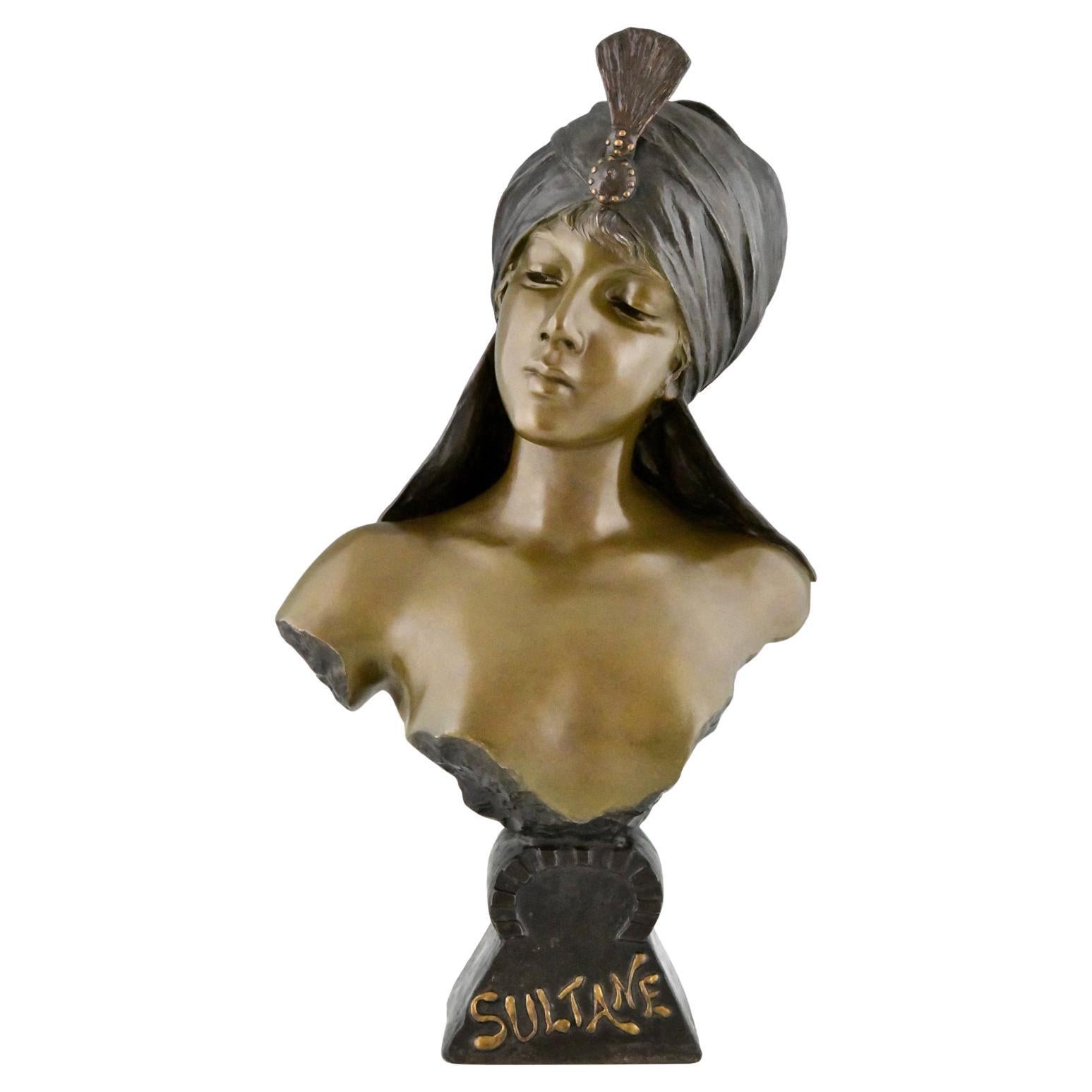Art Nouveau bust of a woman Sultane signed by Emmanuel Villanis 1890 For Sale