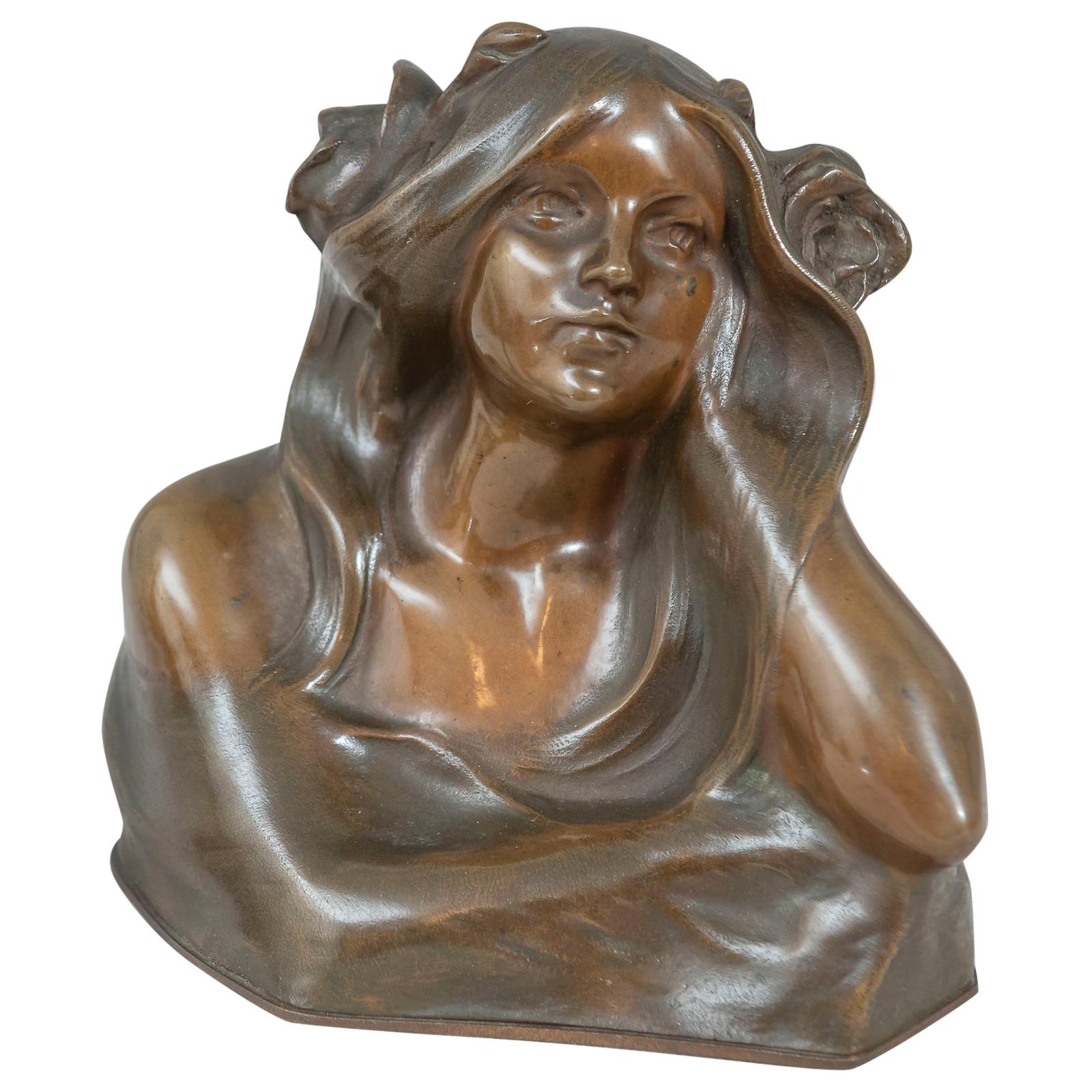 Art Nouveau Bust of a Young Beauty, Artist Signed, Austrian, circa 1910