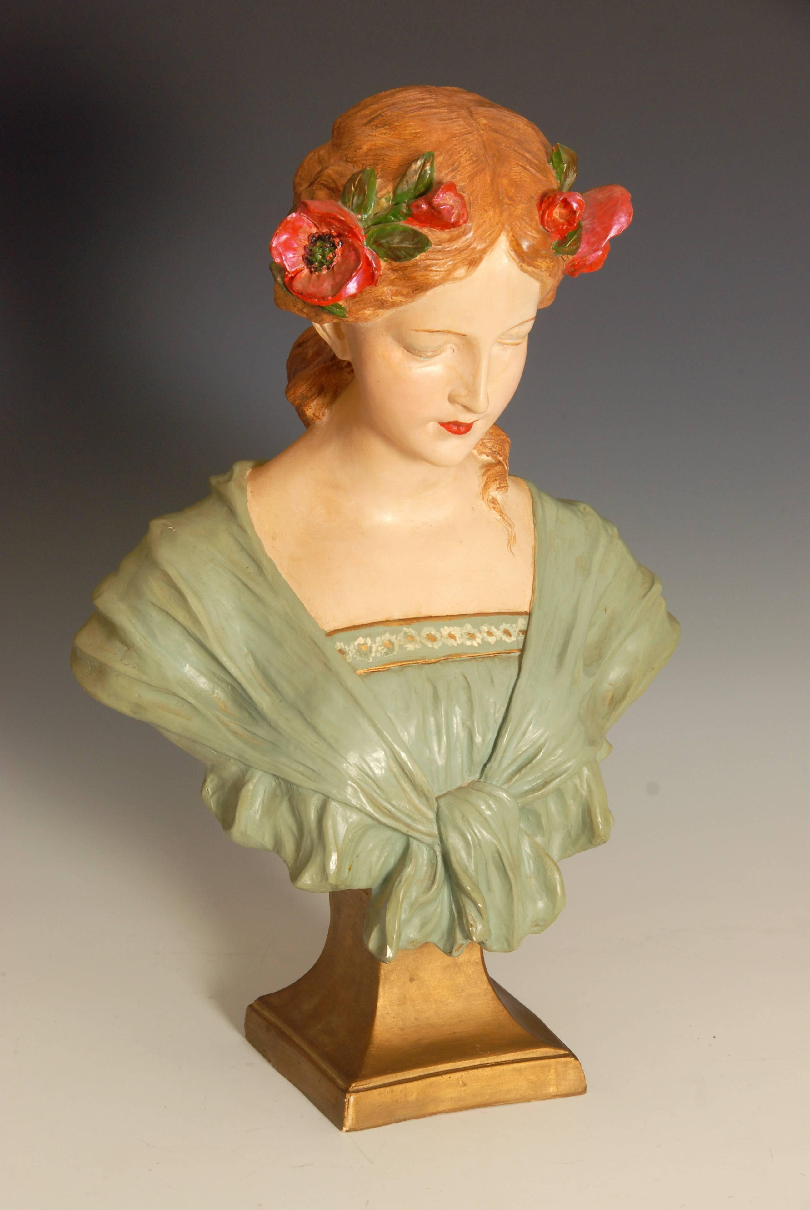 Art Nouveau chalk ware polychrome bust of a young girl by Gustave Van Vaerenbergh,
Belgium, 1873-1927.
Very good original condition.


  
