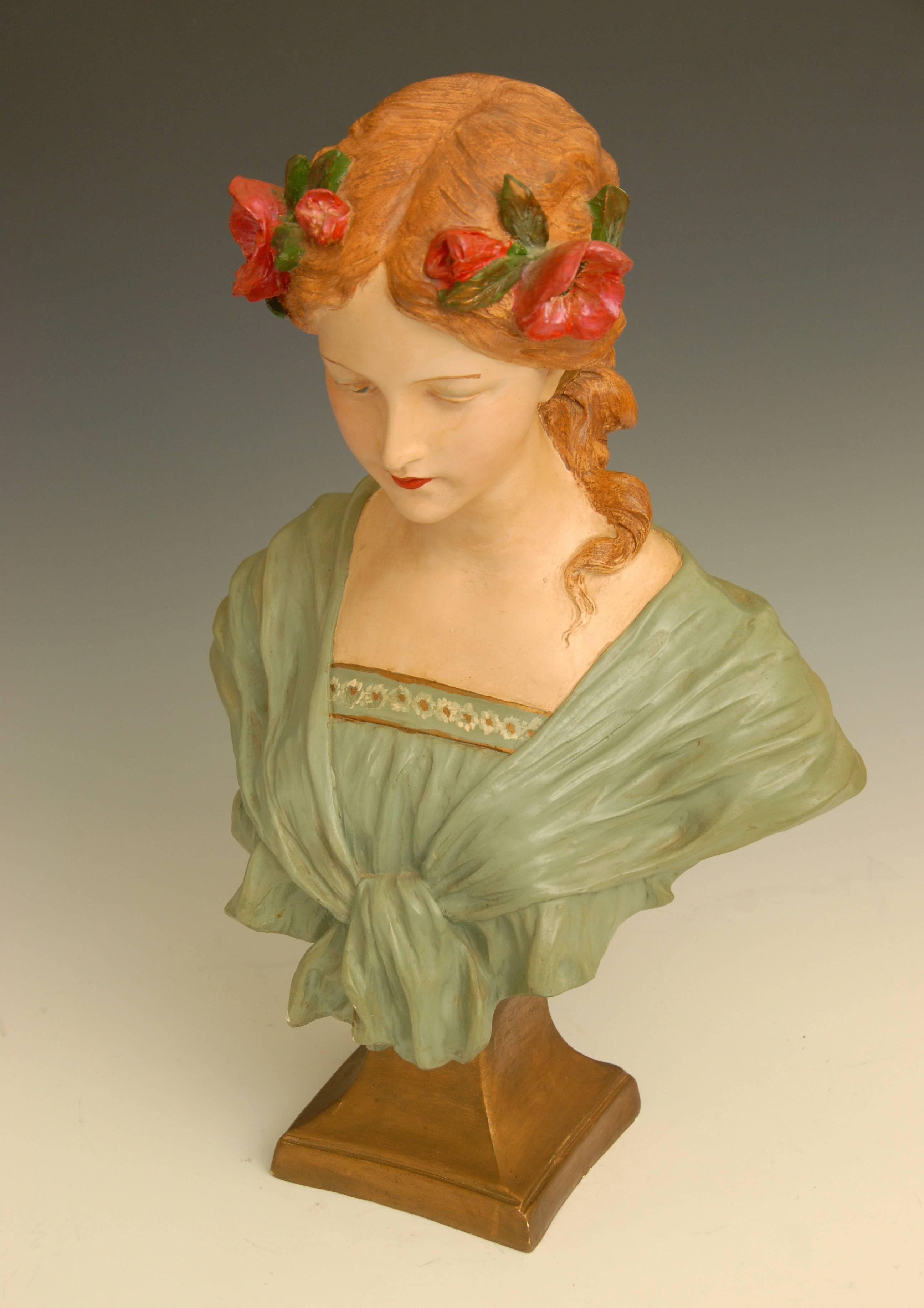 Plaster Art Nouveau Bust of a Young Girl For Sale