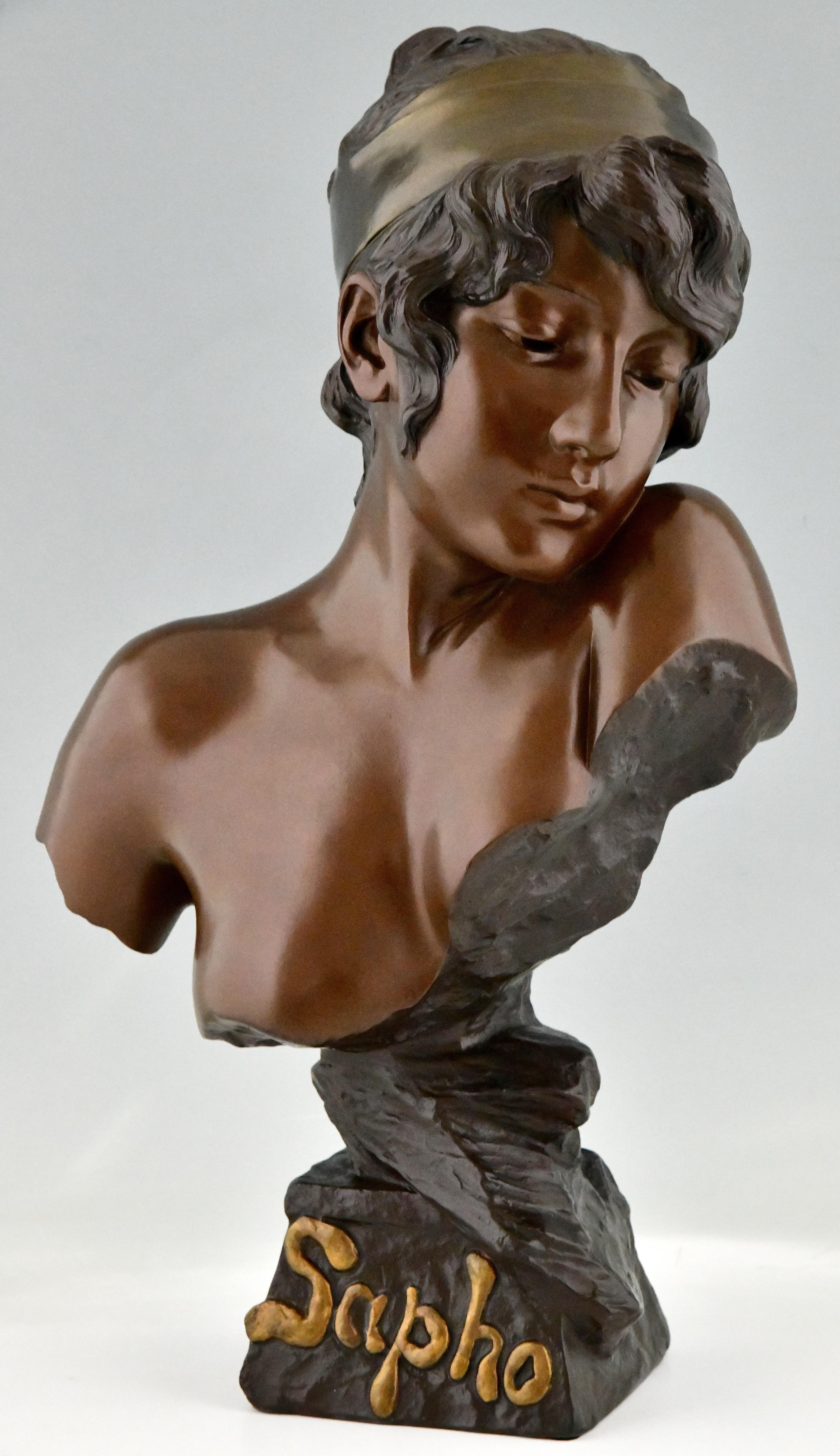 Art Nouveau bust of the poetess Sapho by Emmanuel Villanis. 
Art metal with multicolor patina.
France 1890. 
Impressive size. 

Illustrated in
Bronzes, sculptors and founders by H. Berman, Abage.
Mentioned in: Emmanuel Villanis, un sculpteur