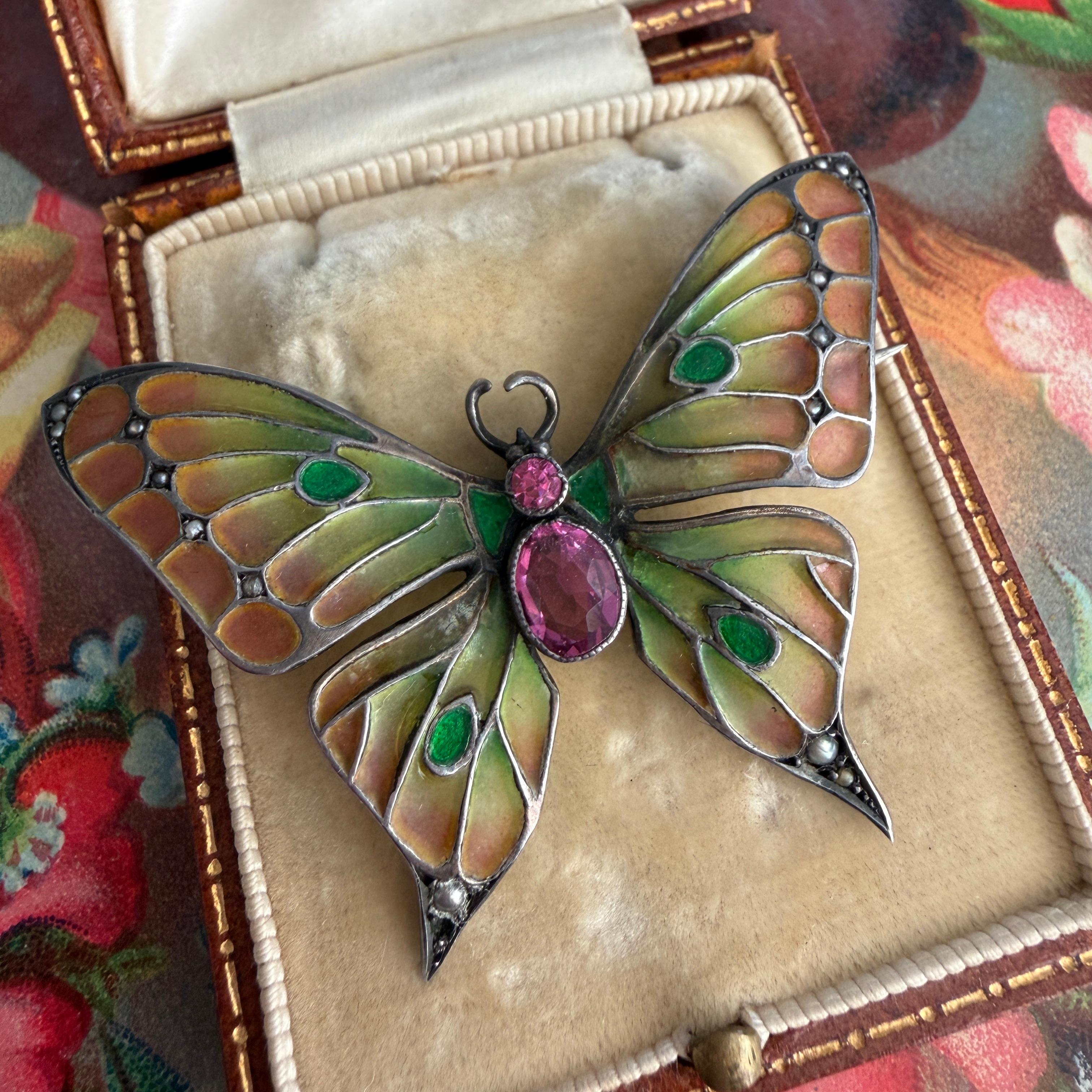 Art Nouveau Butterfly Brooch Plique-a-Jour by Meyle & Mayer For Sale 6