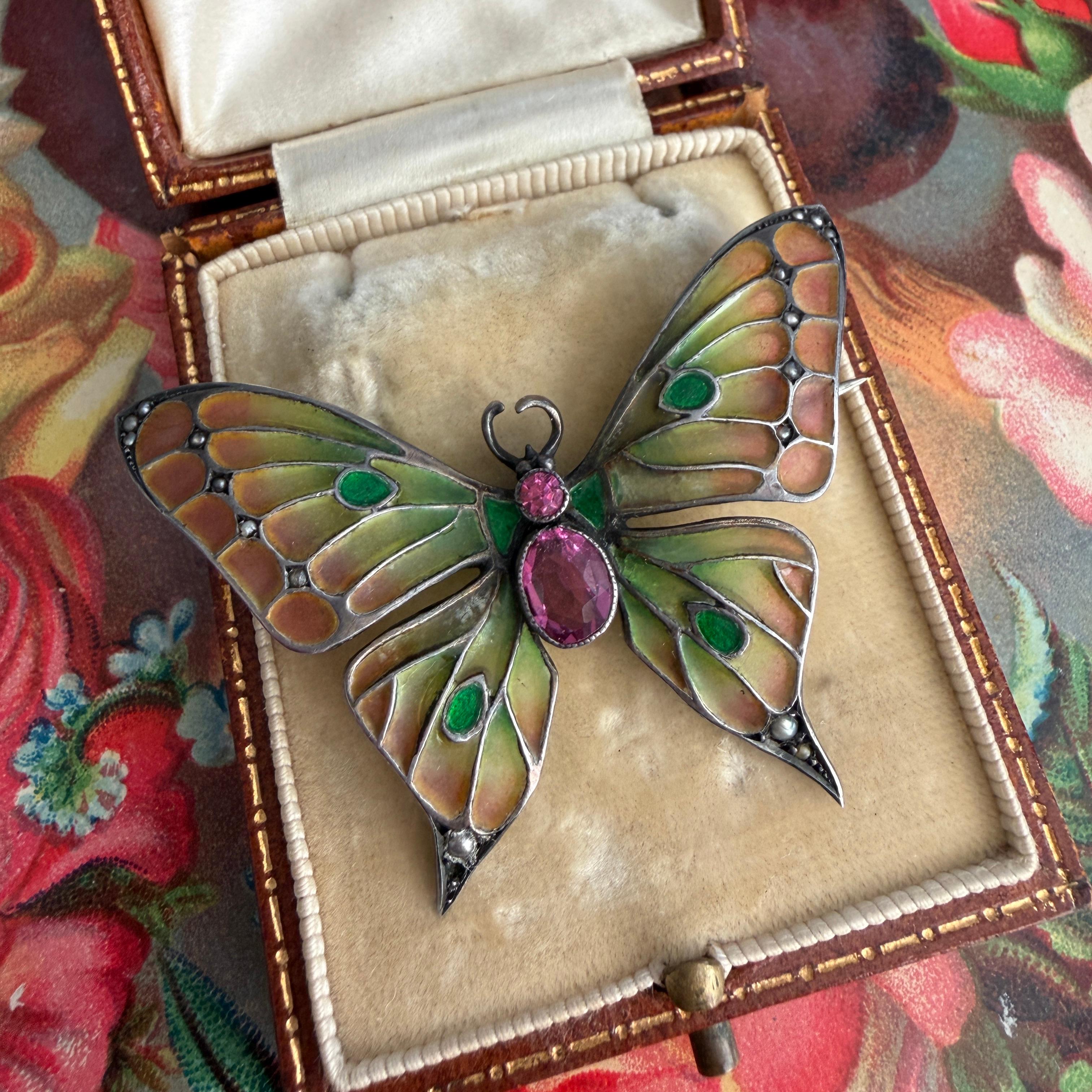 Art Nouveau Butterfly Brooch Plique-a-Jour by Meyle & Mayer For Sale 7