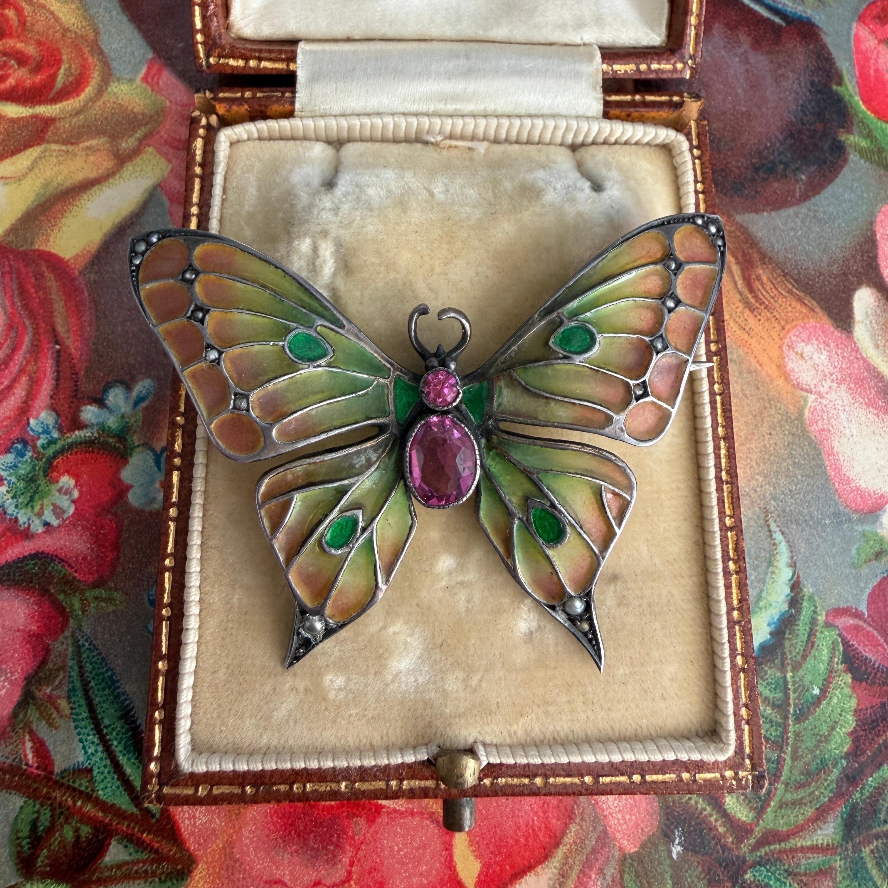 Art Nouveau Butterfly Brooch Plique-a-Jour by Meyle & Mayer For Sale 8