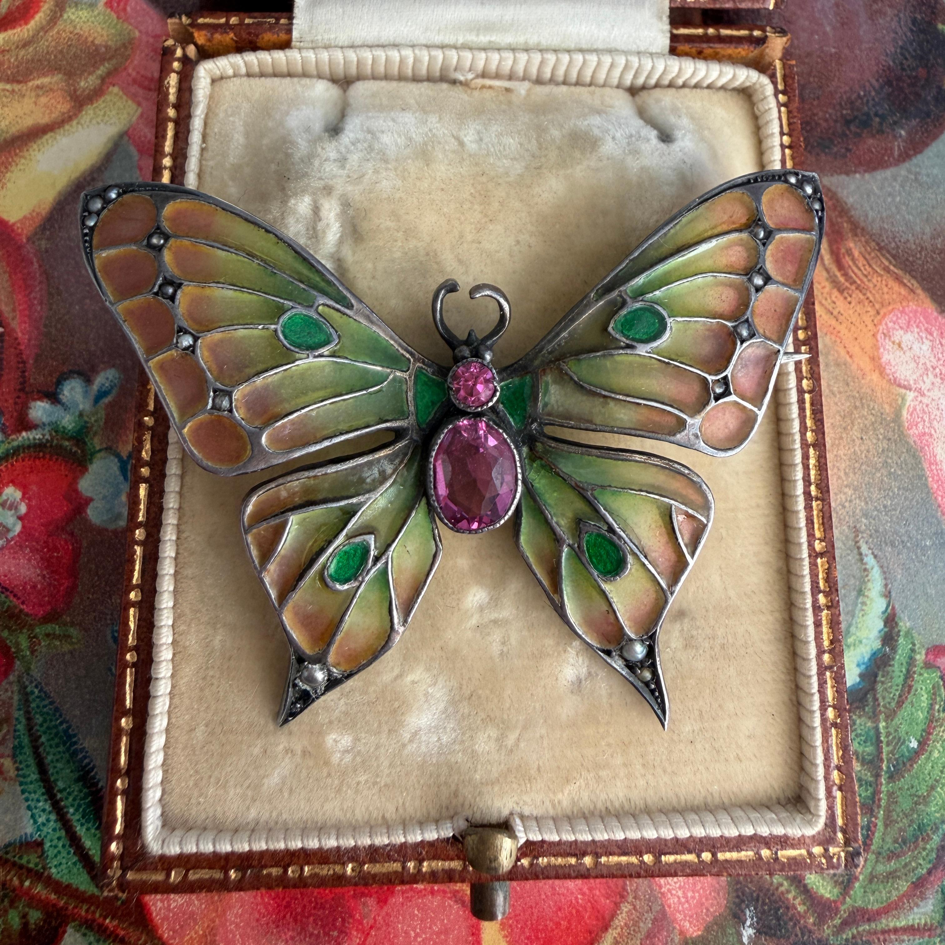 Art Nouveau Butterfly Brooch Plique-a-Jour by Meyle & Mayer For Sale 9