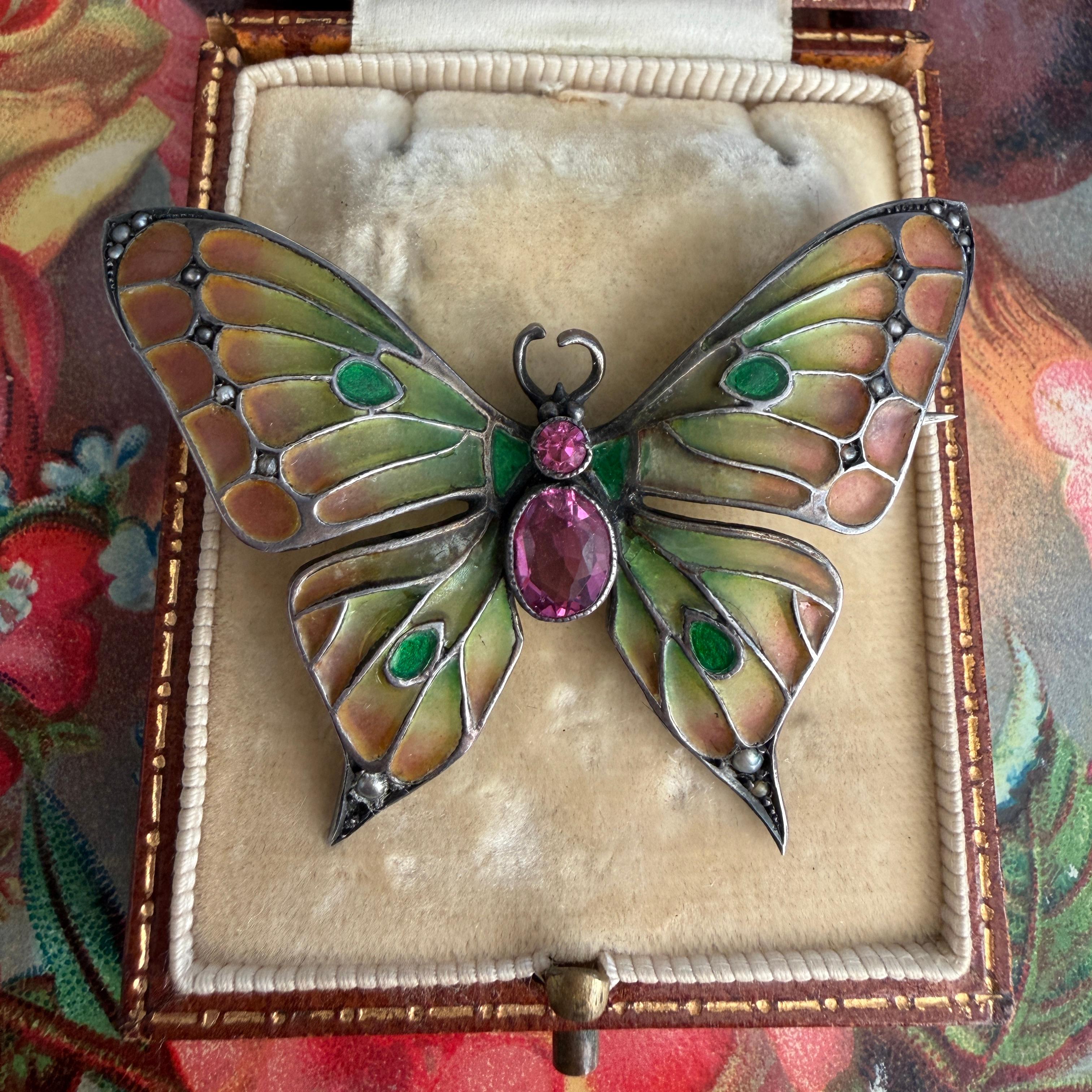 Art Nouveau Butterfly Brooch Plique-a-Jour by Meyle & Mayer For Sale 10