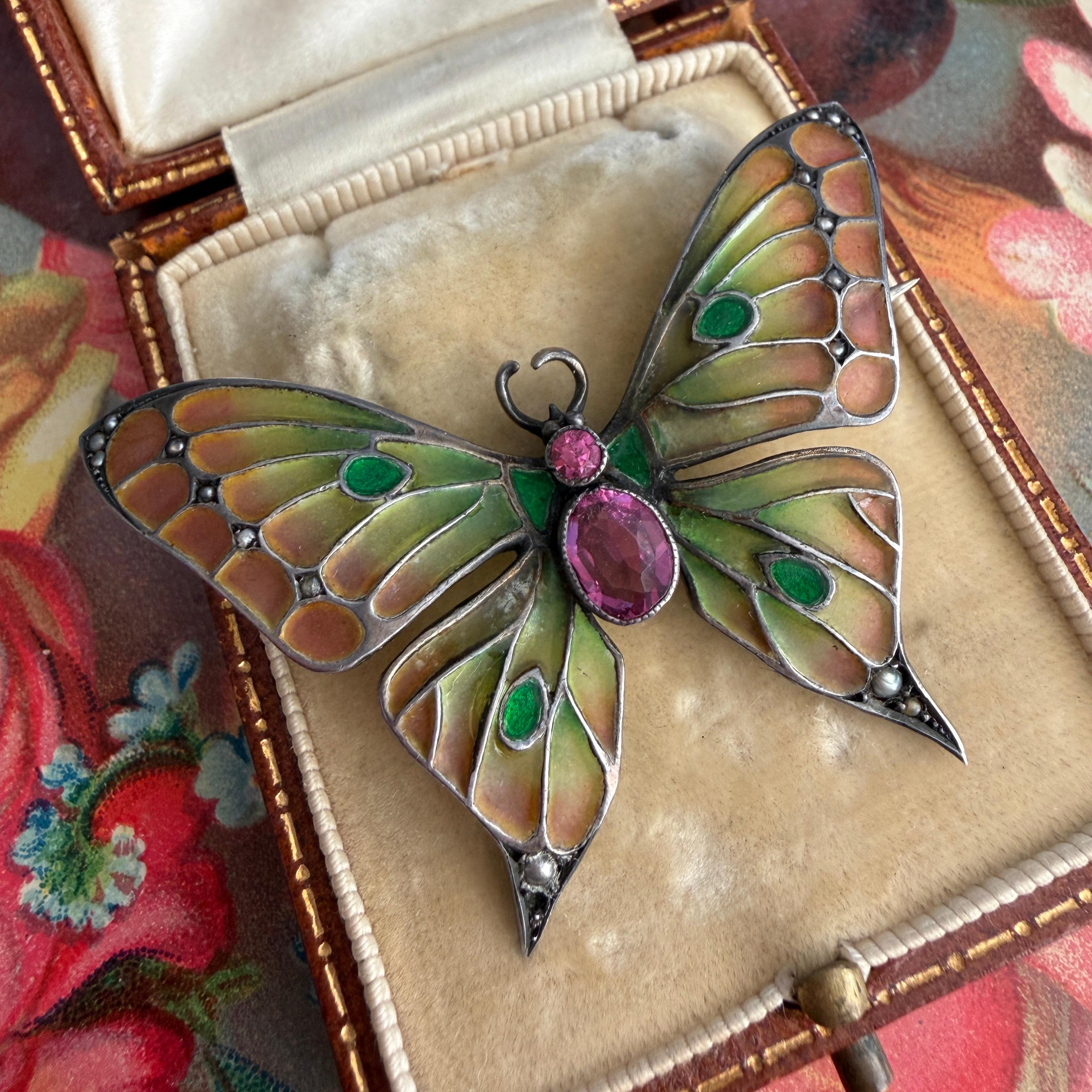 Art Nouveau Butterfly Brooch Plique-a-Jour by Meyle & Mayer For Sale 11