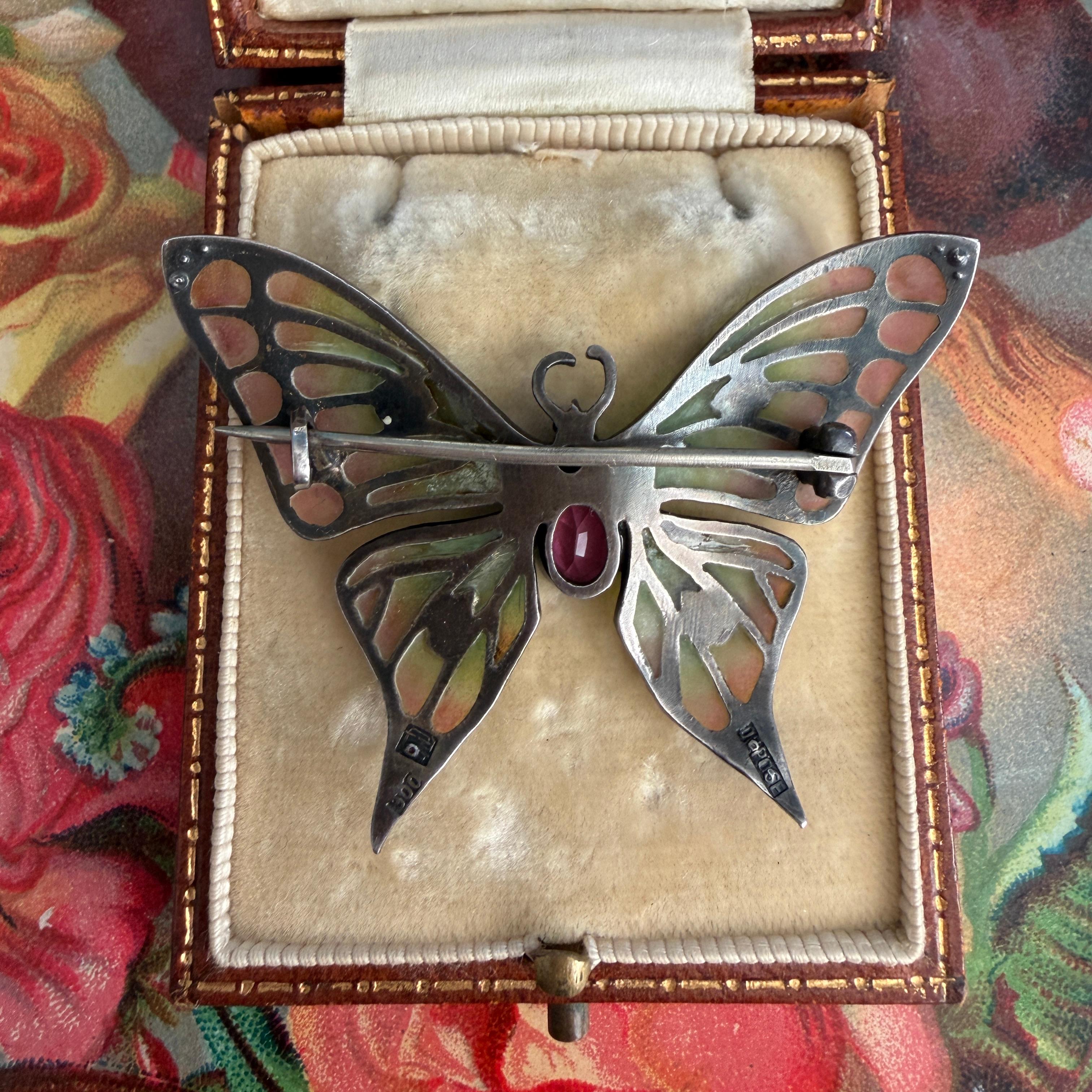 Art Nouveau Butterfly Brooch Plique-a-Jour by Meyle & Mayer For Sale 12