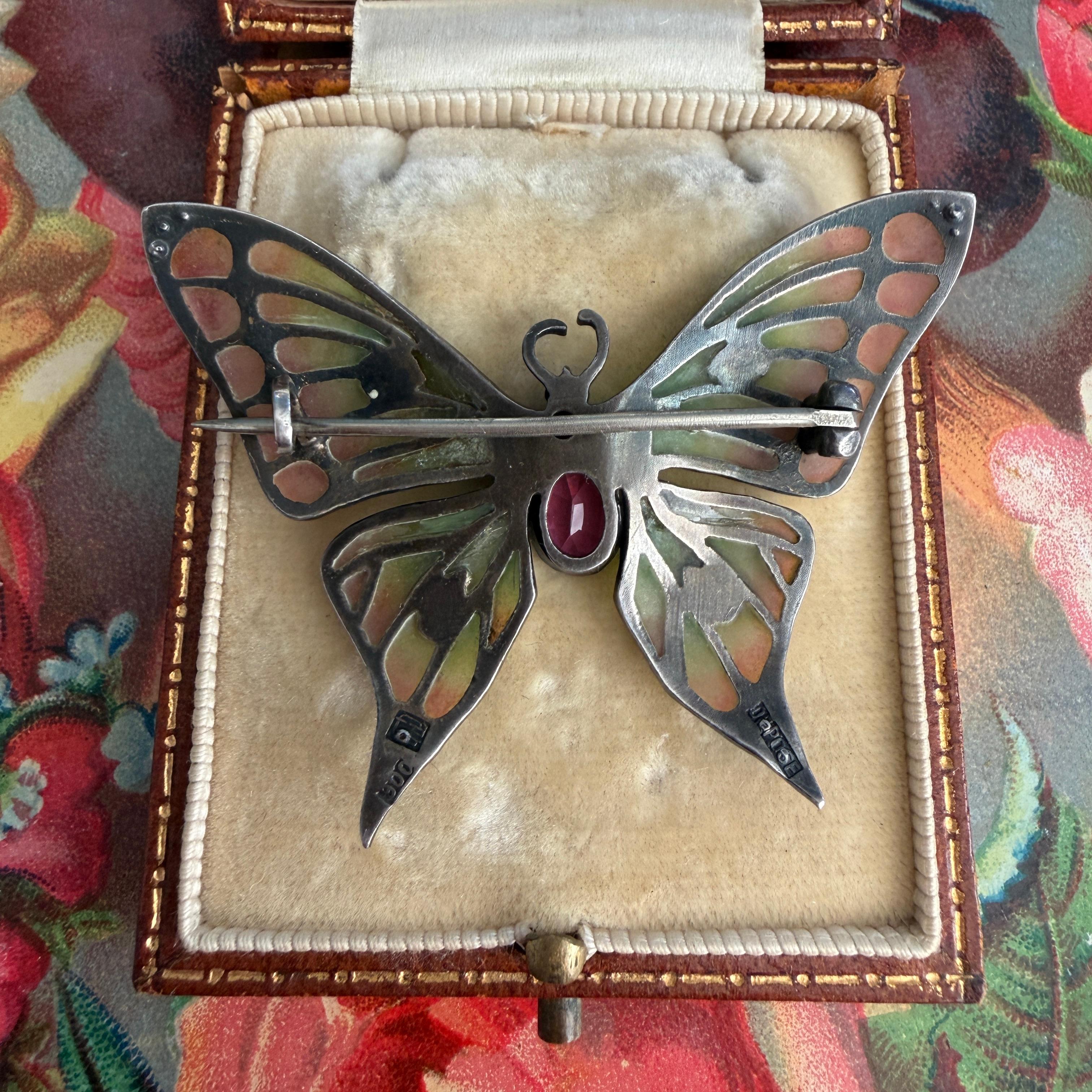 Art Nouveau Butterfly Brooch Plique-a-Jour by Meyle & Mayer For Sale 16
