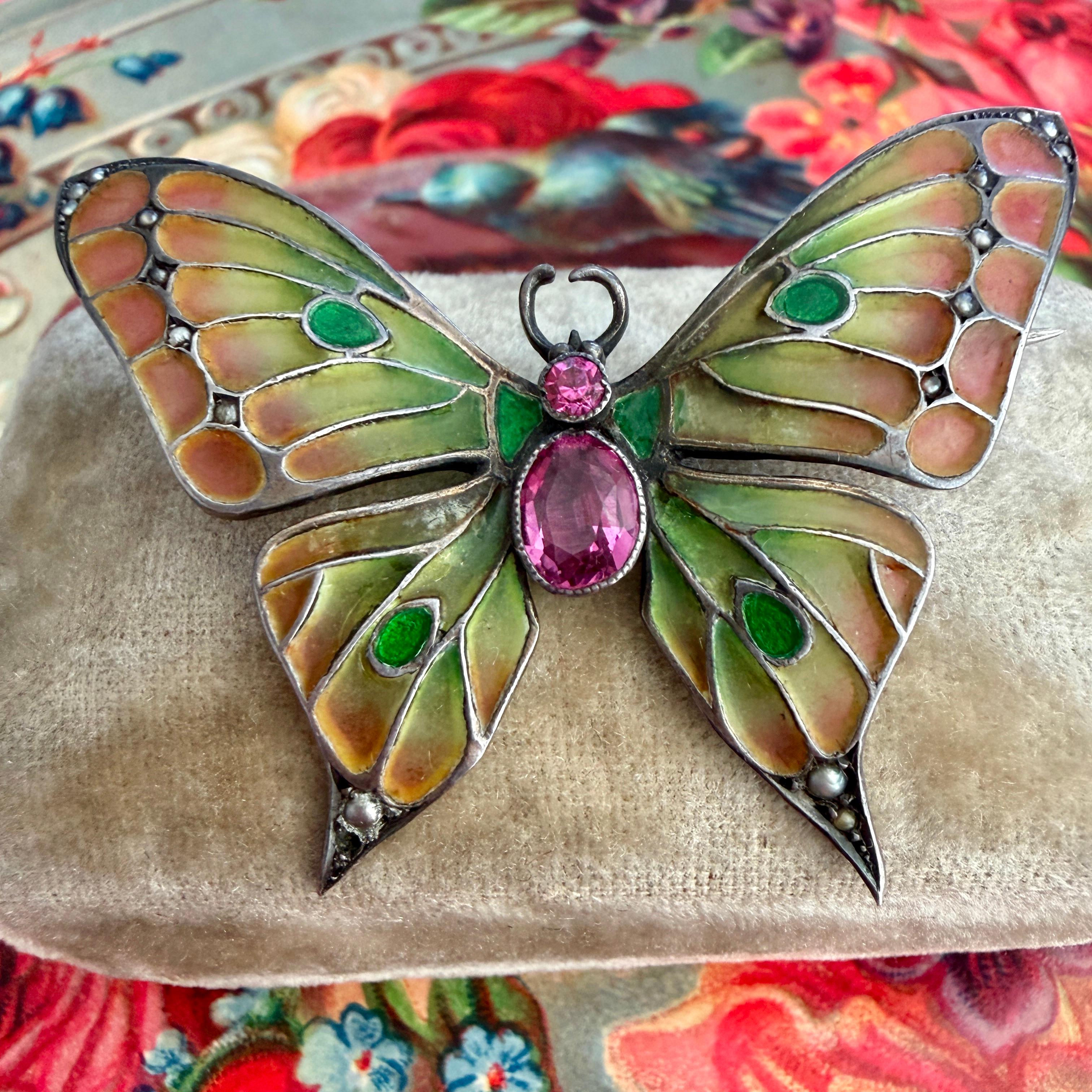 Women's Art Nouveau Butterfly Brooch Plique-a-Jour by Meyle & Mayer For Sale