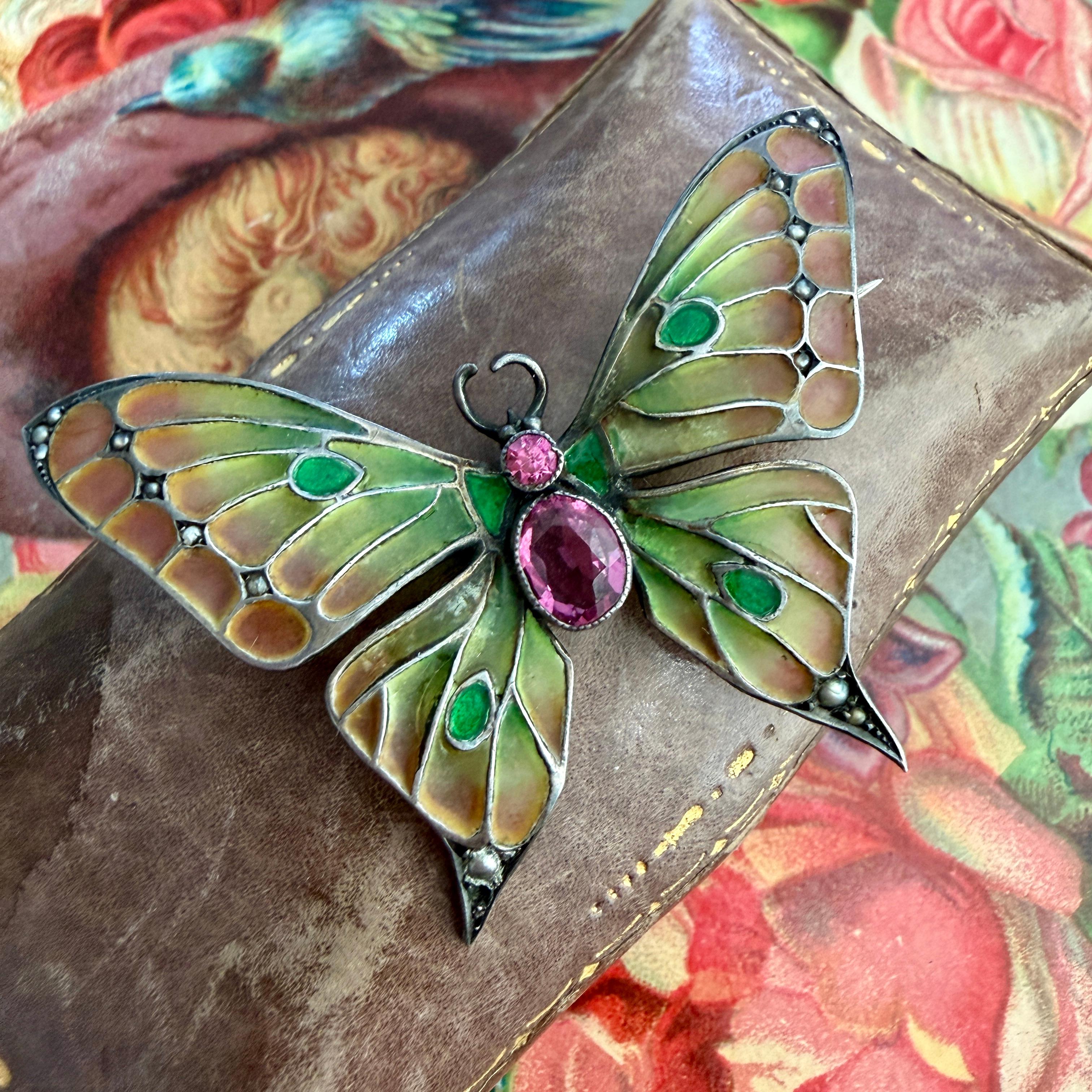 Art Nouveau Butterfly Brooch Plique-a-Jour by Meyle & Mayer For Sale 1