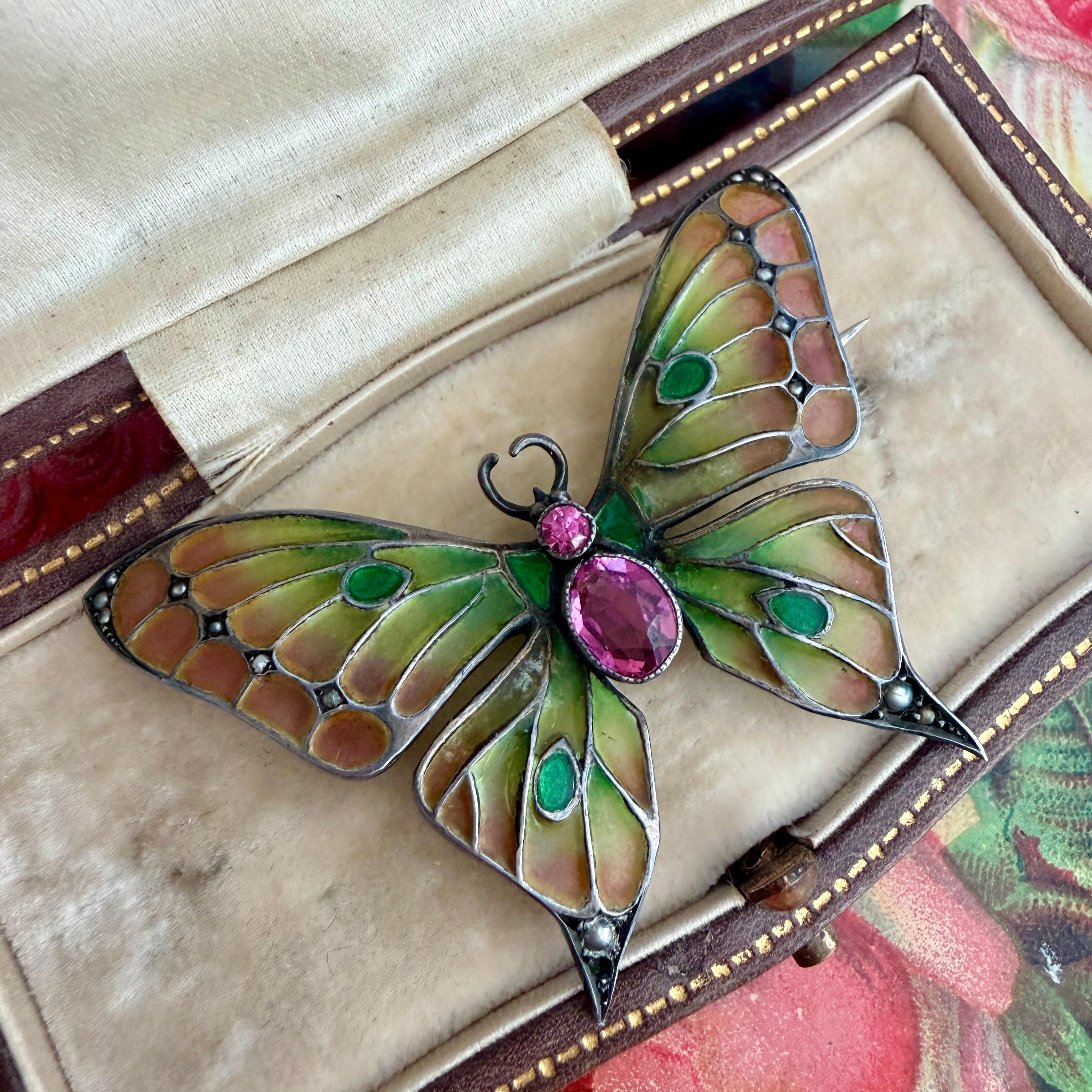 Art Nouveau Butterfly Brooch Plique-a-Jour by Meyle & Mayer For Sale 2