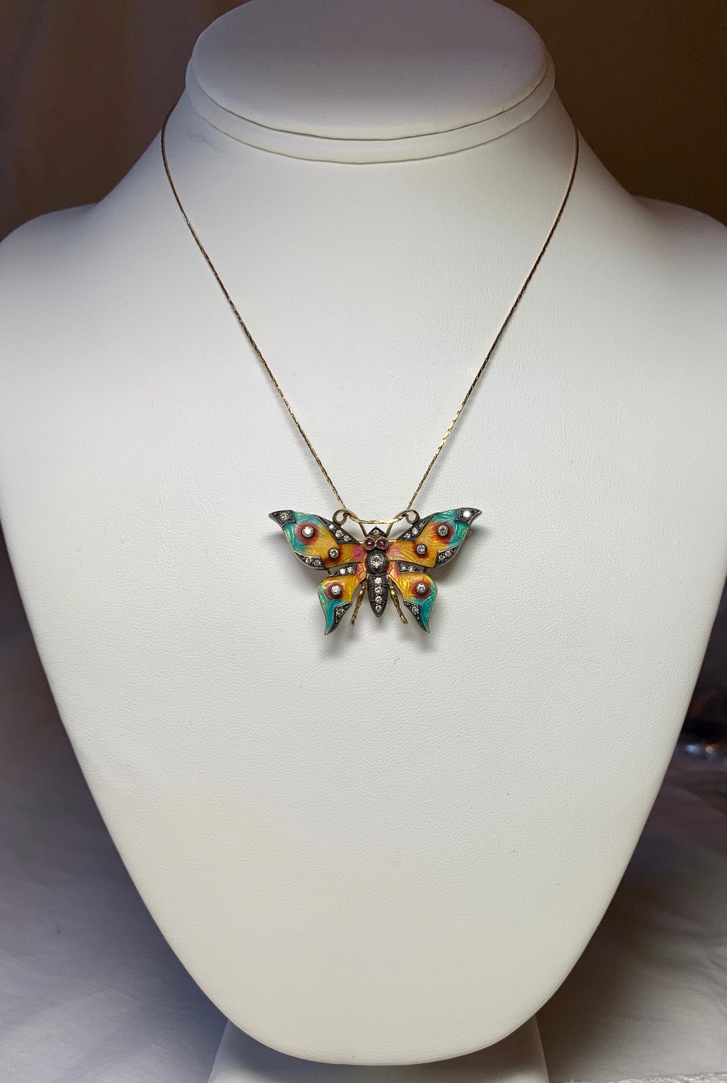 Old Mine Cut Art Nouveau Butterfly Pendant Brooch 30 OMC Diamonds Ruby Enamel 18 Karat Gold For Sale