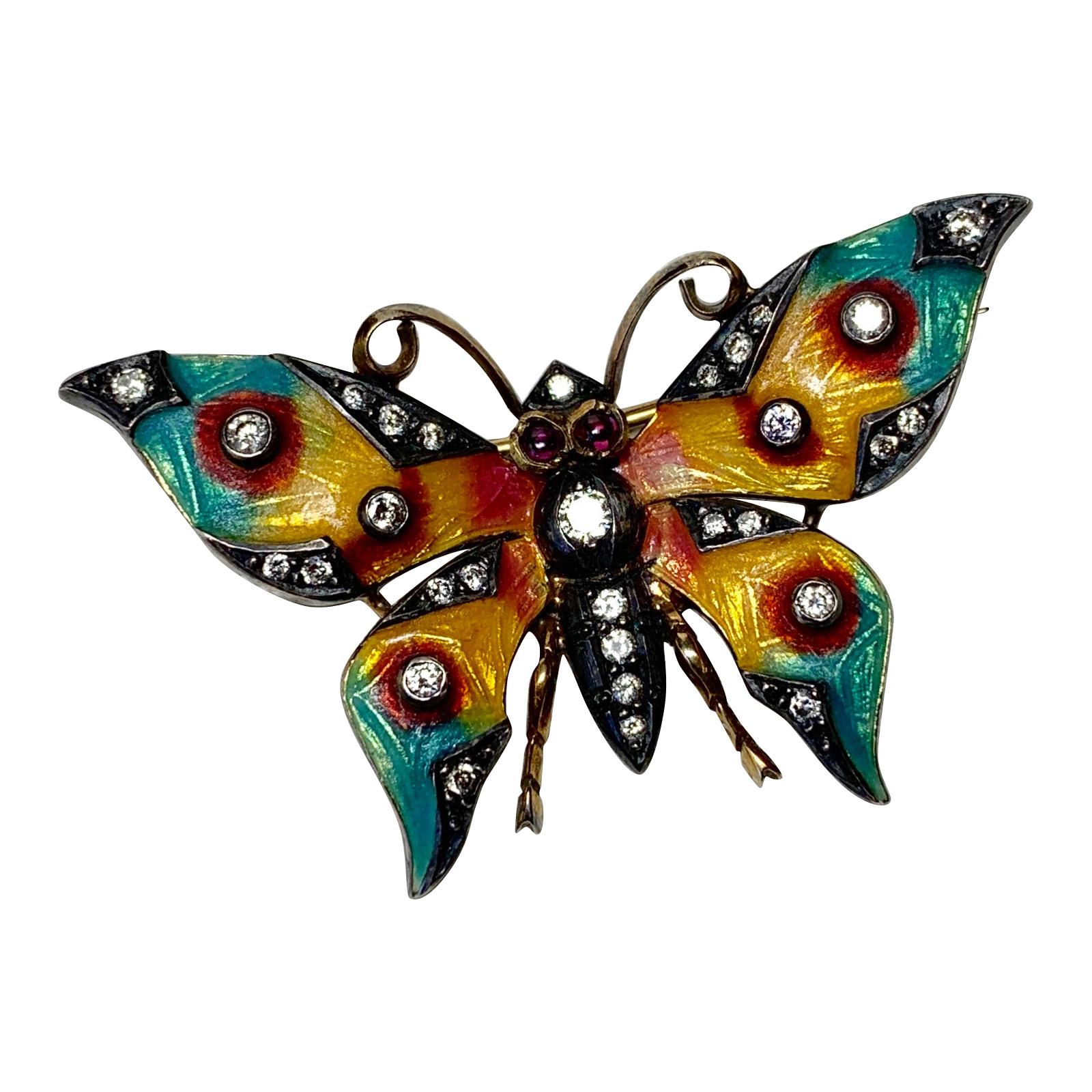 Art Nouveau Butterfly Pendant Brooch 30 OMC Diamonds Ruby Enamel 18 Karat Gold