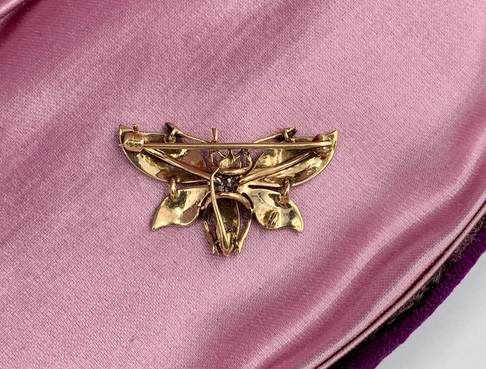 Art Nouveau Butterfly Pendant Brooch OMC Diamond Enamel 14 Karat Gold For Sale 2