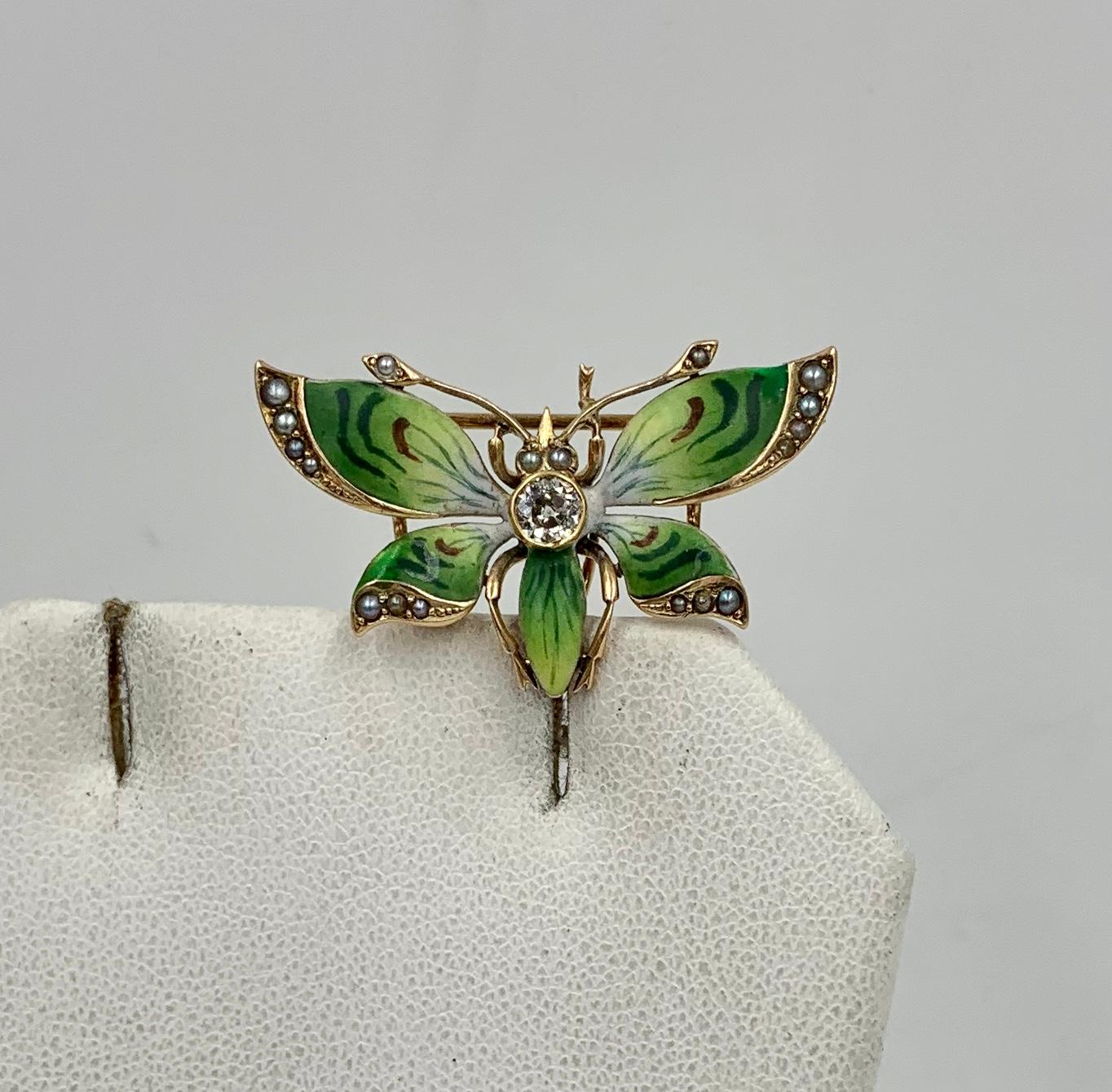 Taglio vecchia miniera Spilla con ciondolo a forma di farfalla Art Nouveau OMC con smalto e diamanti in oro 14 carati in vendita