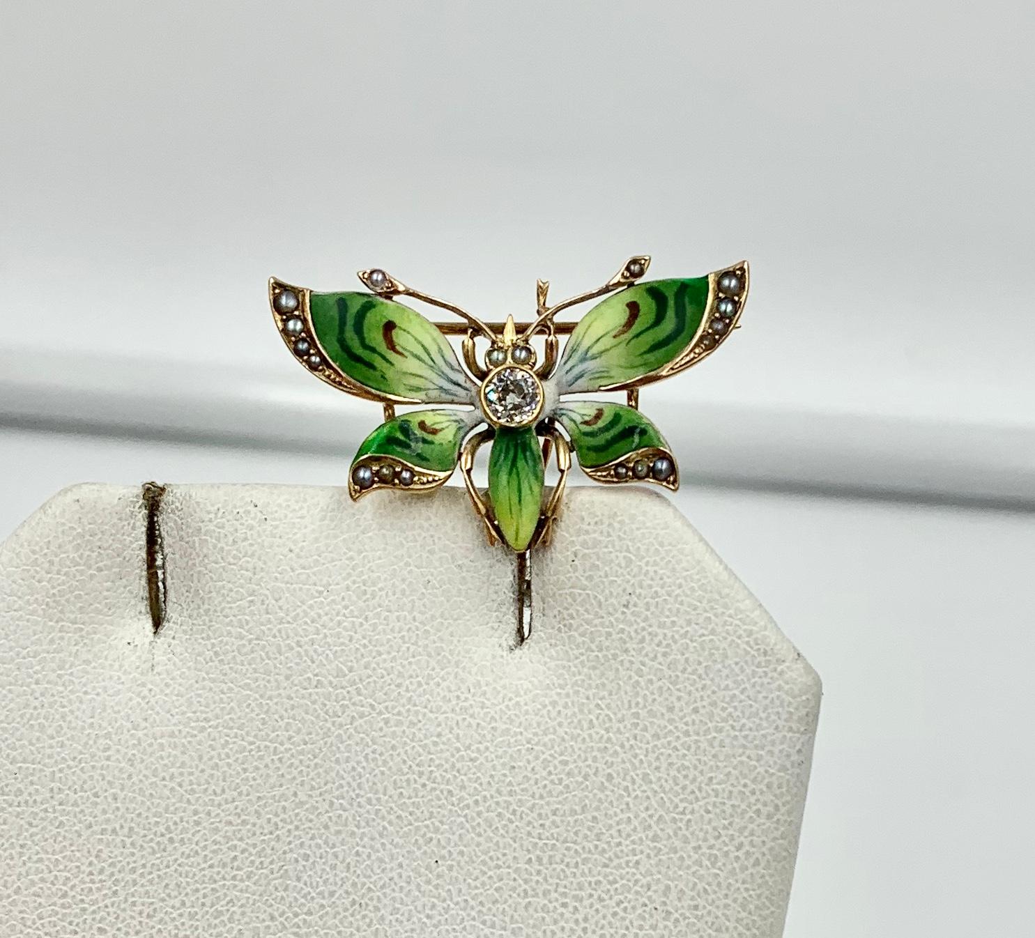 Jugendstil-Brosche mit Schmetterlingsanhänger, OMC Diamant-Emaille 14 Karat Gold im Zustand „Gut“ im Angebot in New York, NY