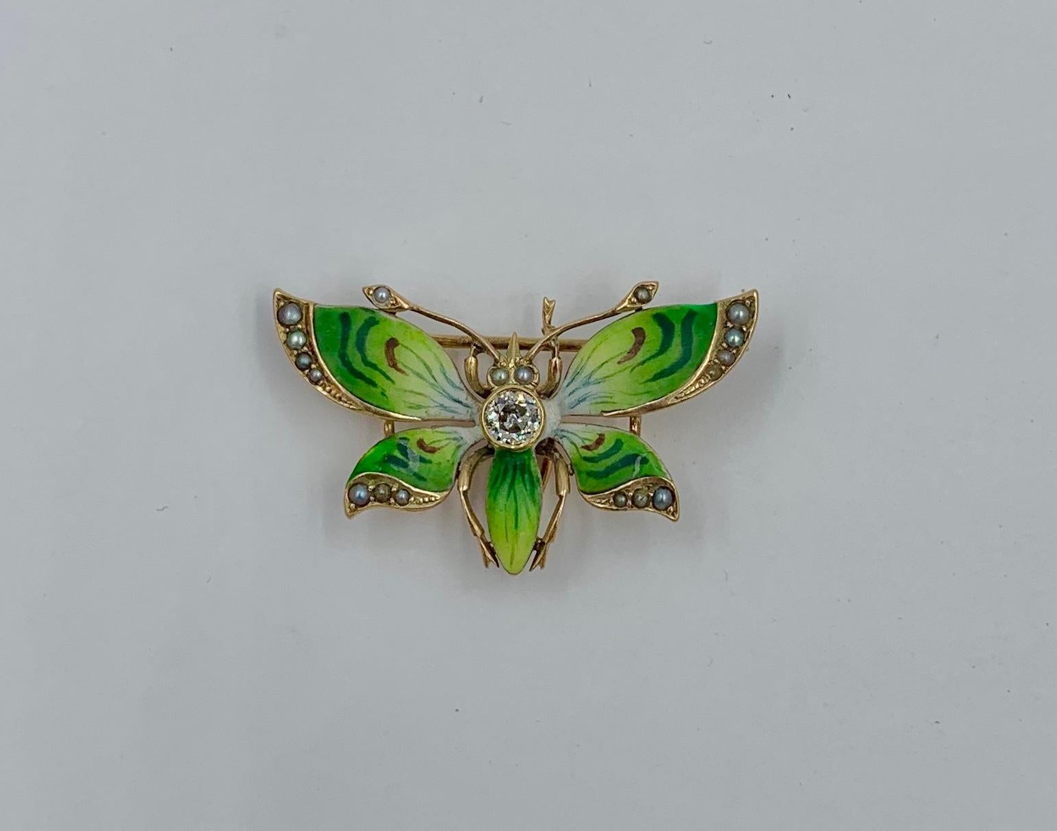 Old Mine Cut Art Nouveau Butterfly Pendant Brooch OMC Diamond Enamel 14 Karat Gold For Sale