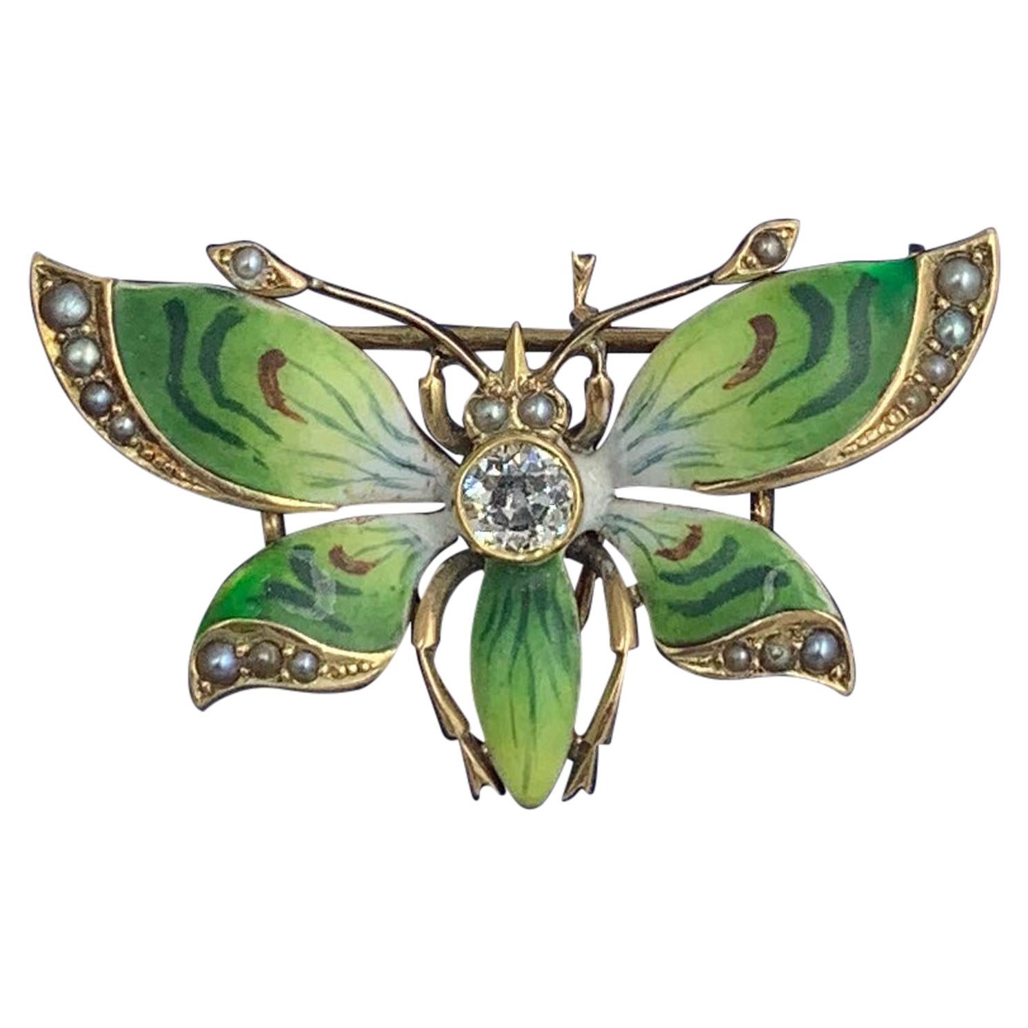 Art Nouveau Butterfly Pendant Brooch OMC Diamond Enamel 14 Karat Gold