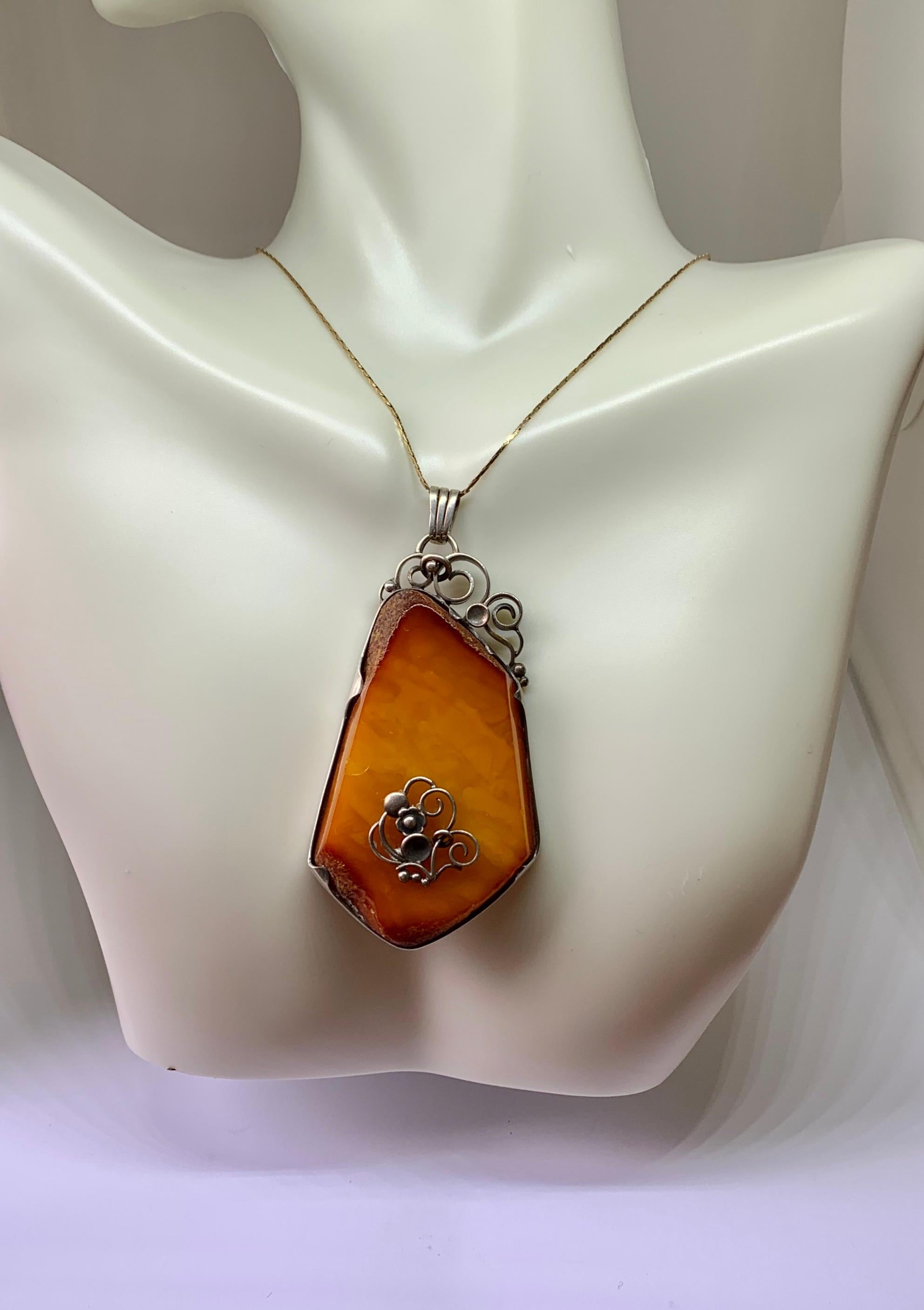 Art Nouveau Butterscotch Egg Yolk Amber Silver Earrings Ring Pendant Suite For Sale 1