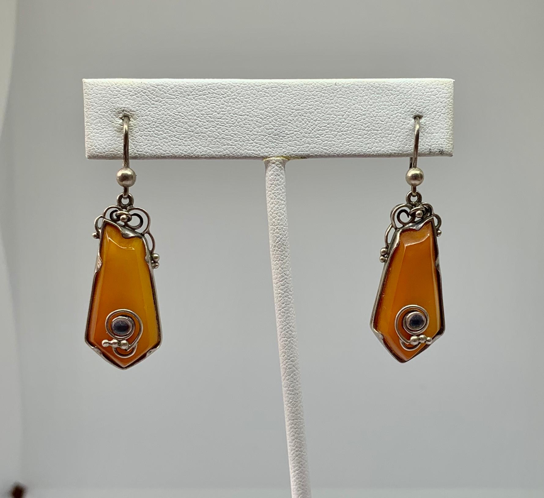 Women's Art Nouveau Butterscotch Egg Yolk Amber Silver Earrings Ring Pendant Suite For Sale