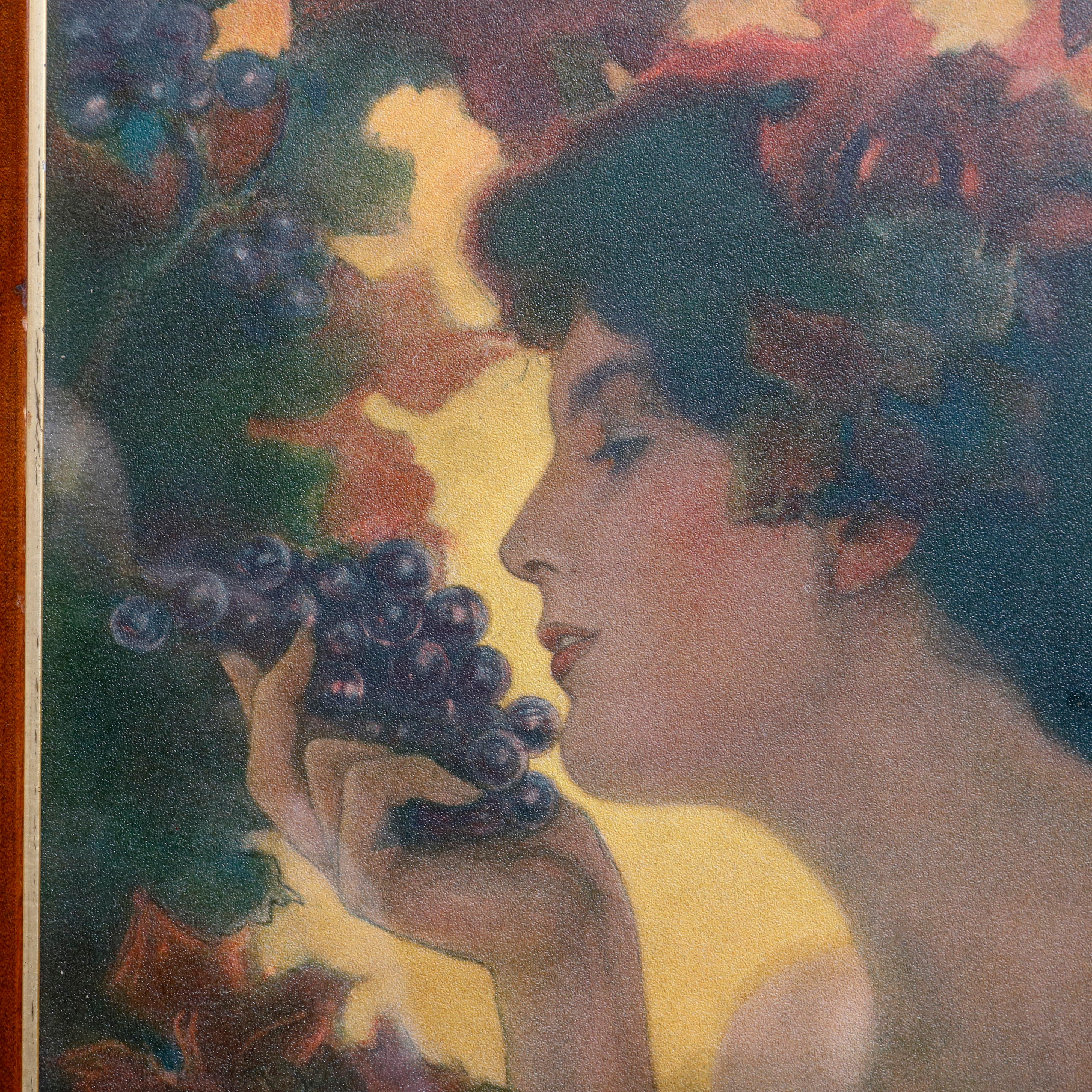 An antique Art Nouveau Paris School portrait print after C. Allan Gilbert depicts woman in profile with grapes and vine, framed, circa 1930

Measures: 17.75