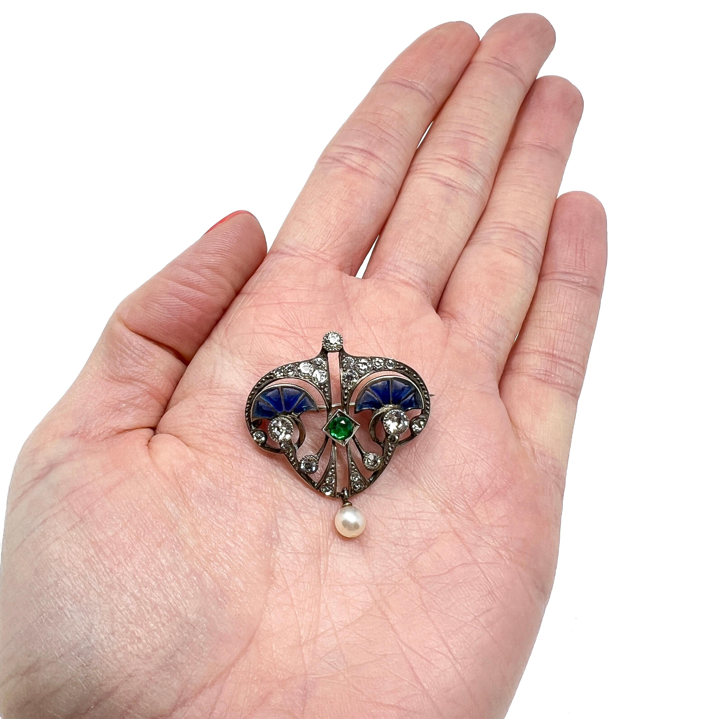 Art Nouveau c.1900 French Silver, Plique-à-Jour and Paste Antique Brooch For Sale 6