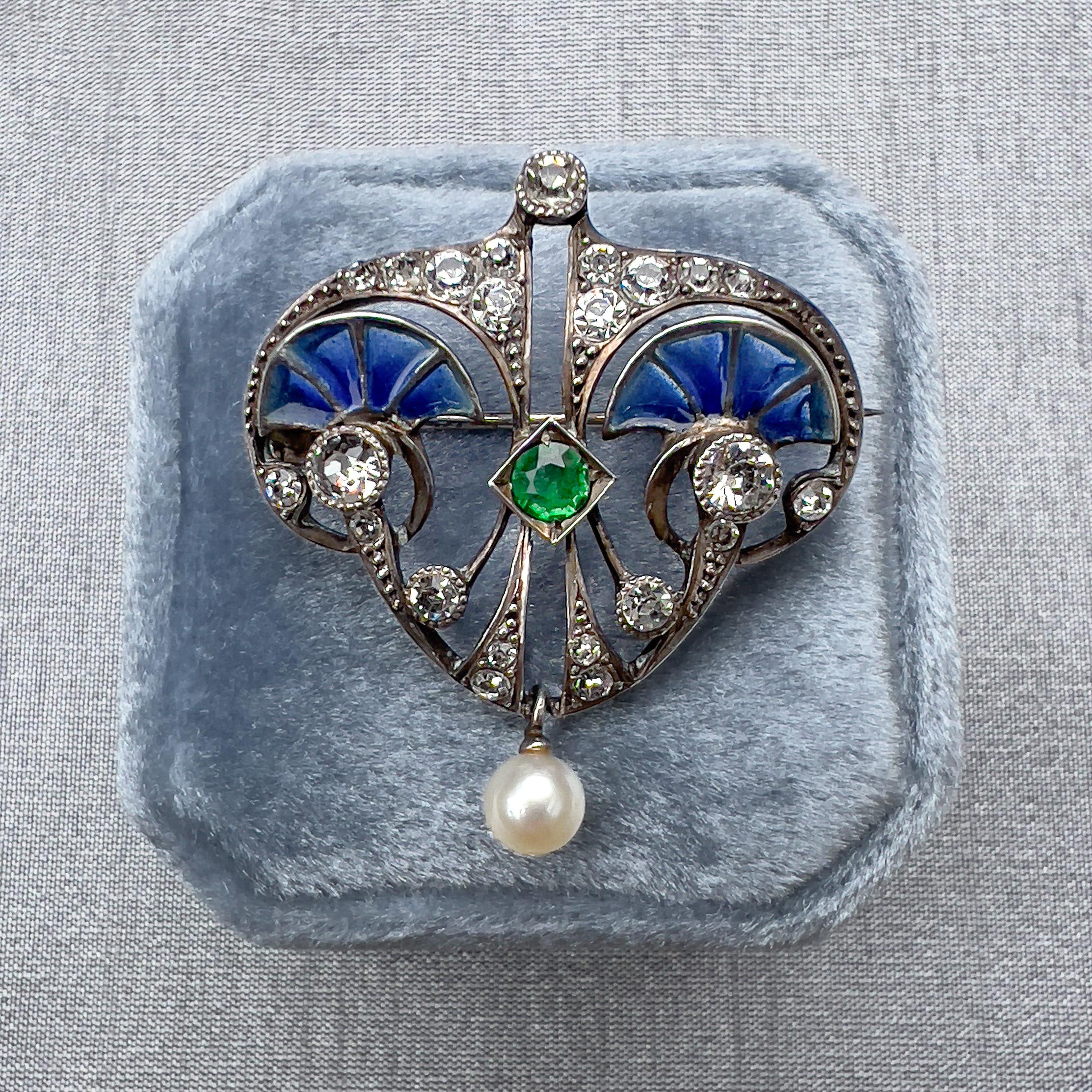 Art Nouveau c.1900 French Silver, Plique-à-Jour and Paste Antique Brooch In Excellent Condition For Sale In Skelmersdale, GB