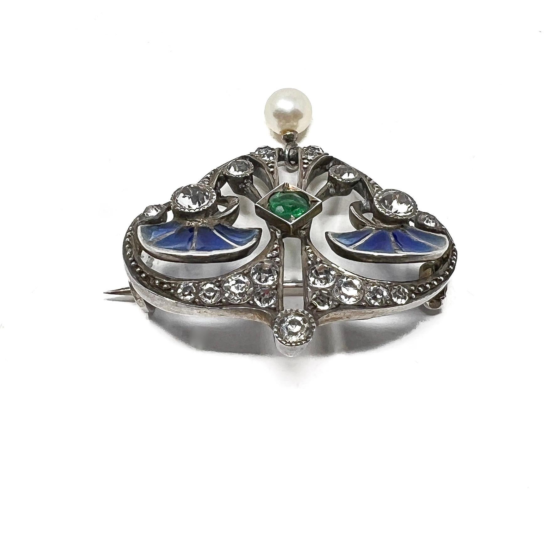 Art Nouveau c.1900 French Silver, Plique-à-Jour and Paste Antique Brooch For Sale 2