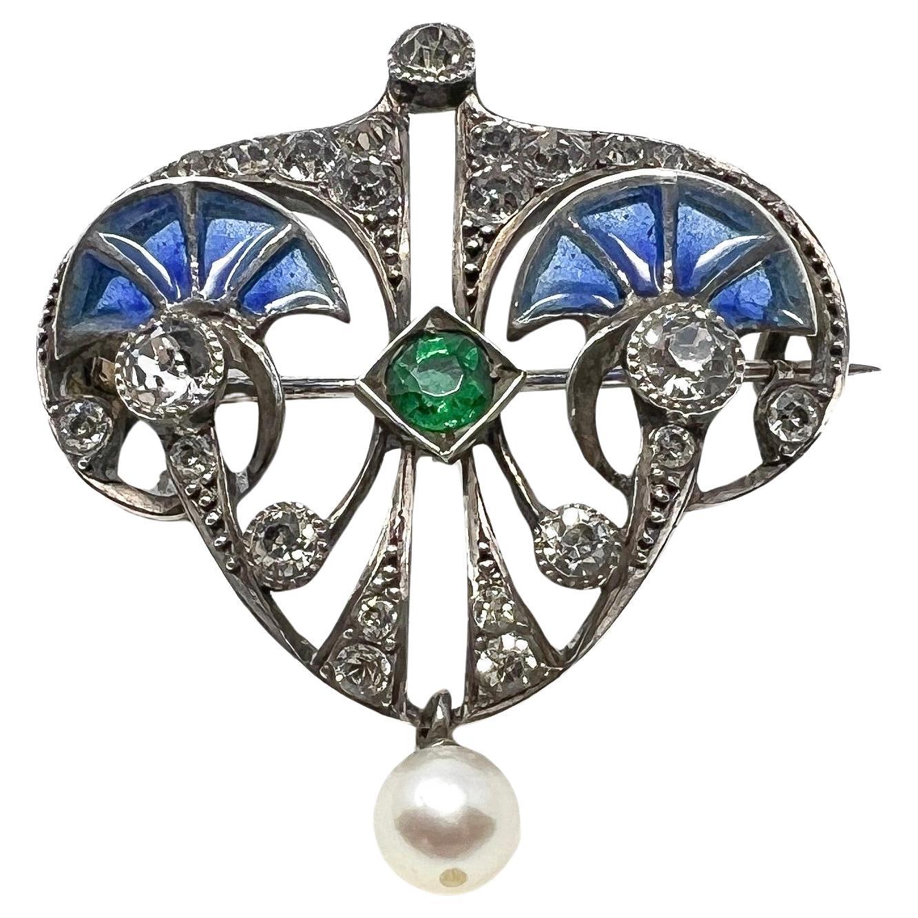 Art Nouveau c.1900 French Silver, Plique-à-Jour and Paste Antique Brooch For Sale