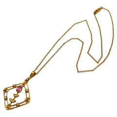 Art Nouveau c.1900 Rolled Gold, Pink Glass and Seed Pearl Antique Flower Pendant