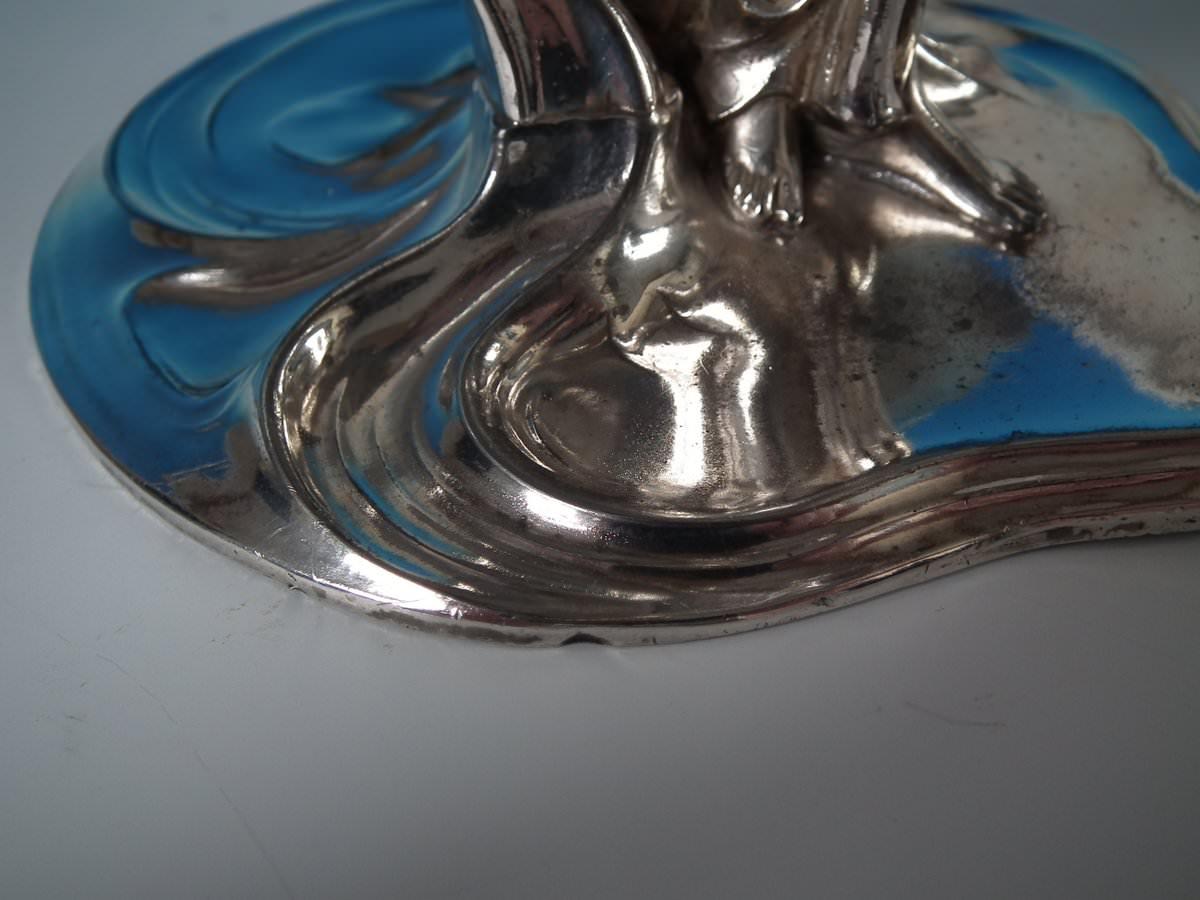 Art Nouveau circa 1910 WMF Plated Metal Fairy with Dove, Lily Visiting Card Tray 8