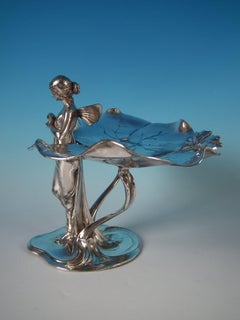 Art Nouveau circa 1910 WMF Plated Metal Fairy with Dove, Lily Visiting Card Tray