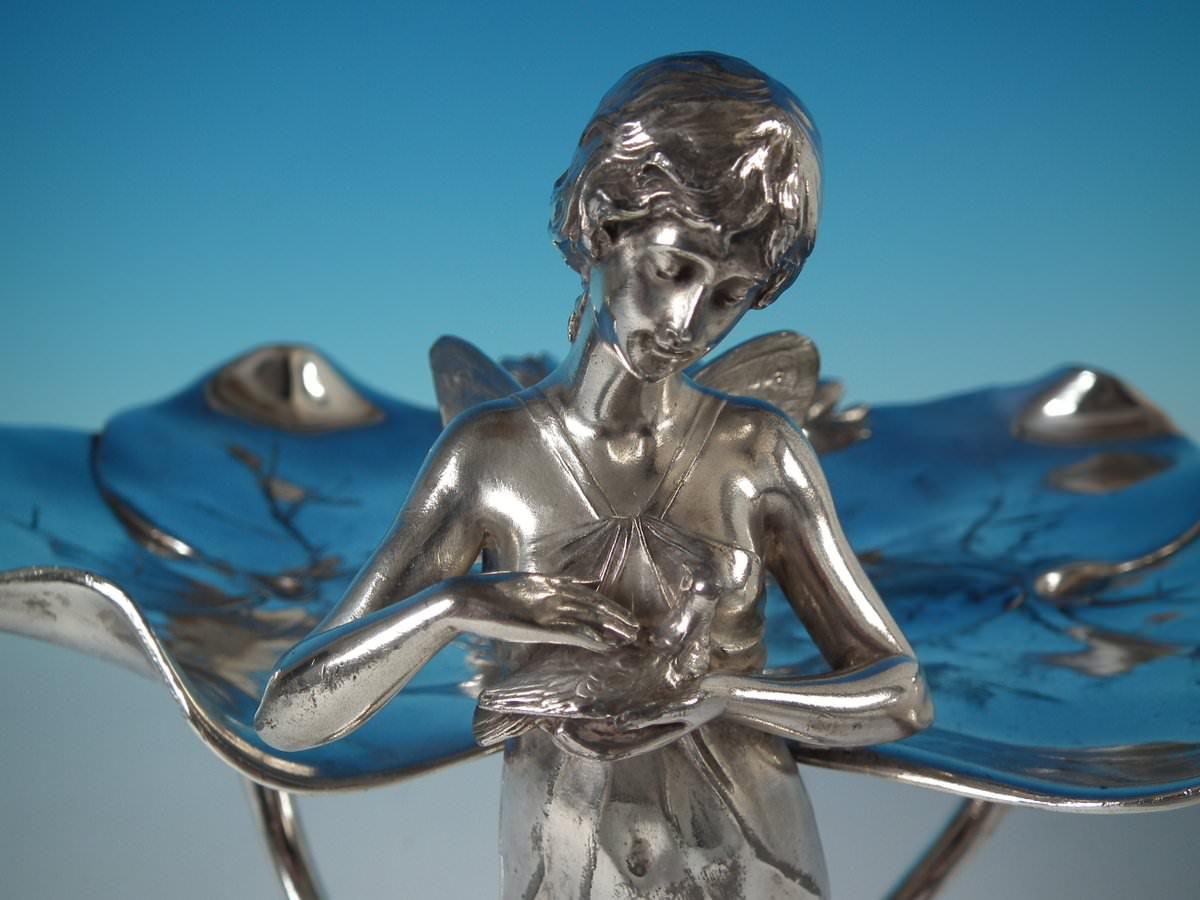 Art Nouveau circa 1910 WMF Plated Metal Fairy with Dove, Lily Visiting Card Tray 2
