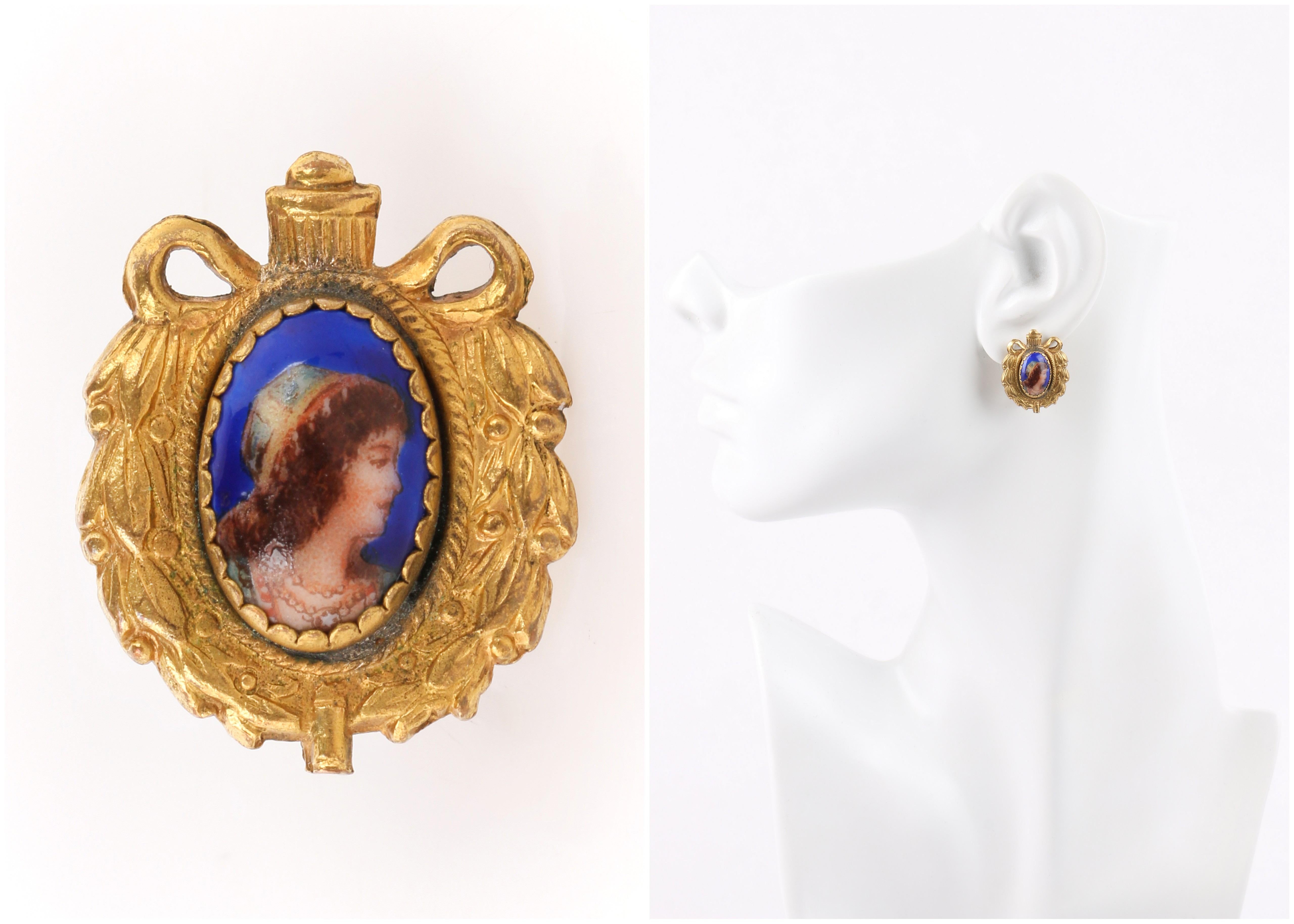 ART NOUVEAU ca. 1920er Jahre Tschechisches handbemaltes Porträt-Messing-Halskette-Armband Parure im Zustand „Gut“ im Angebot in Thiensville, WI