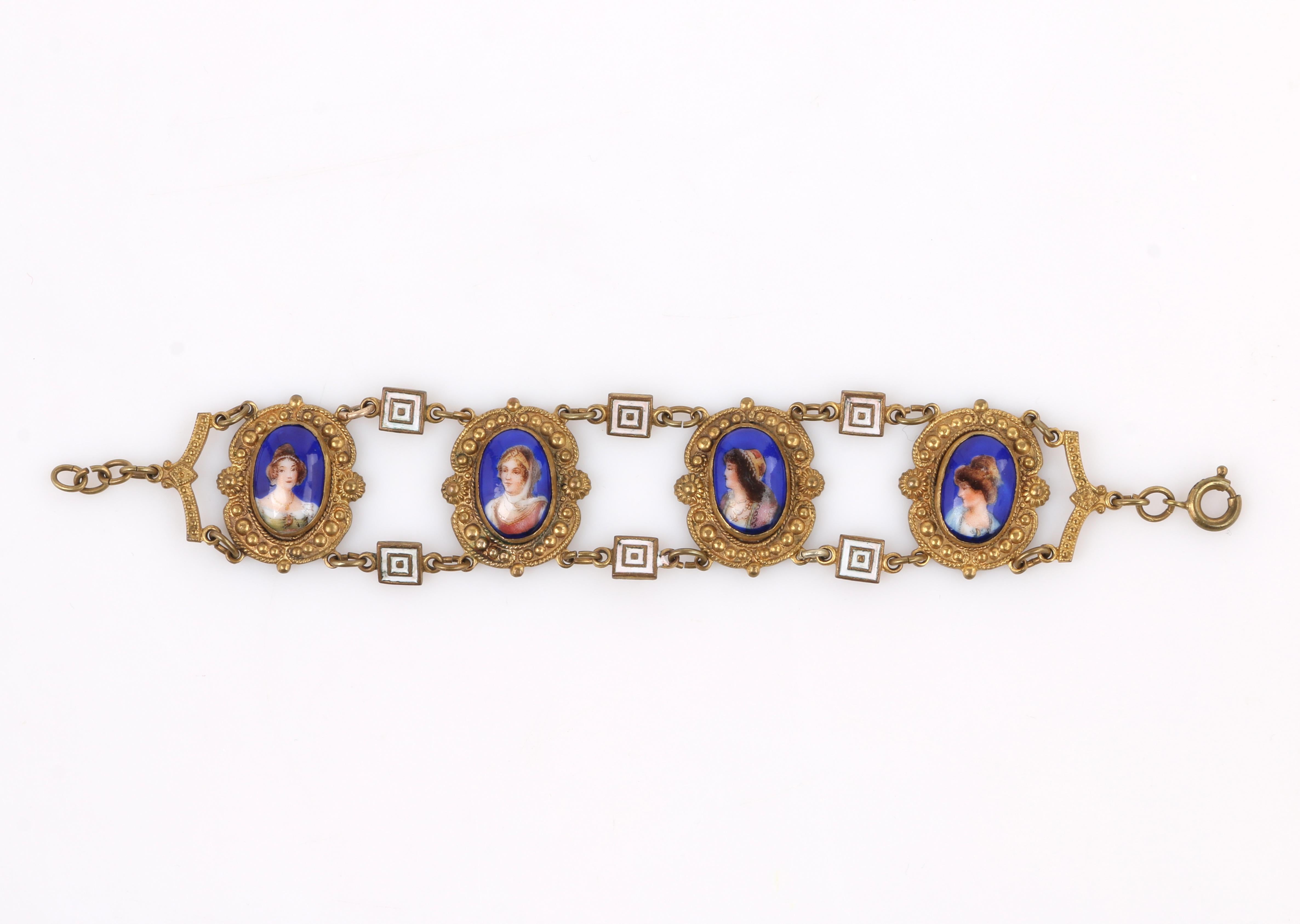 ART NOUVEAU ca. 1920er Jahre Tschechisches handbemaltes Porträt-Messing-Halskette-Armband Parure Damen im Angebot