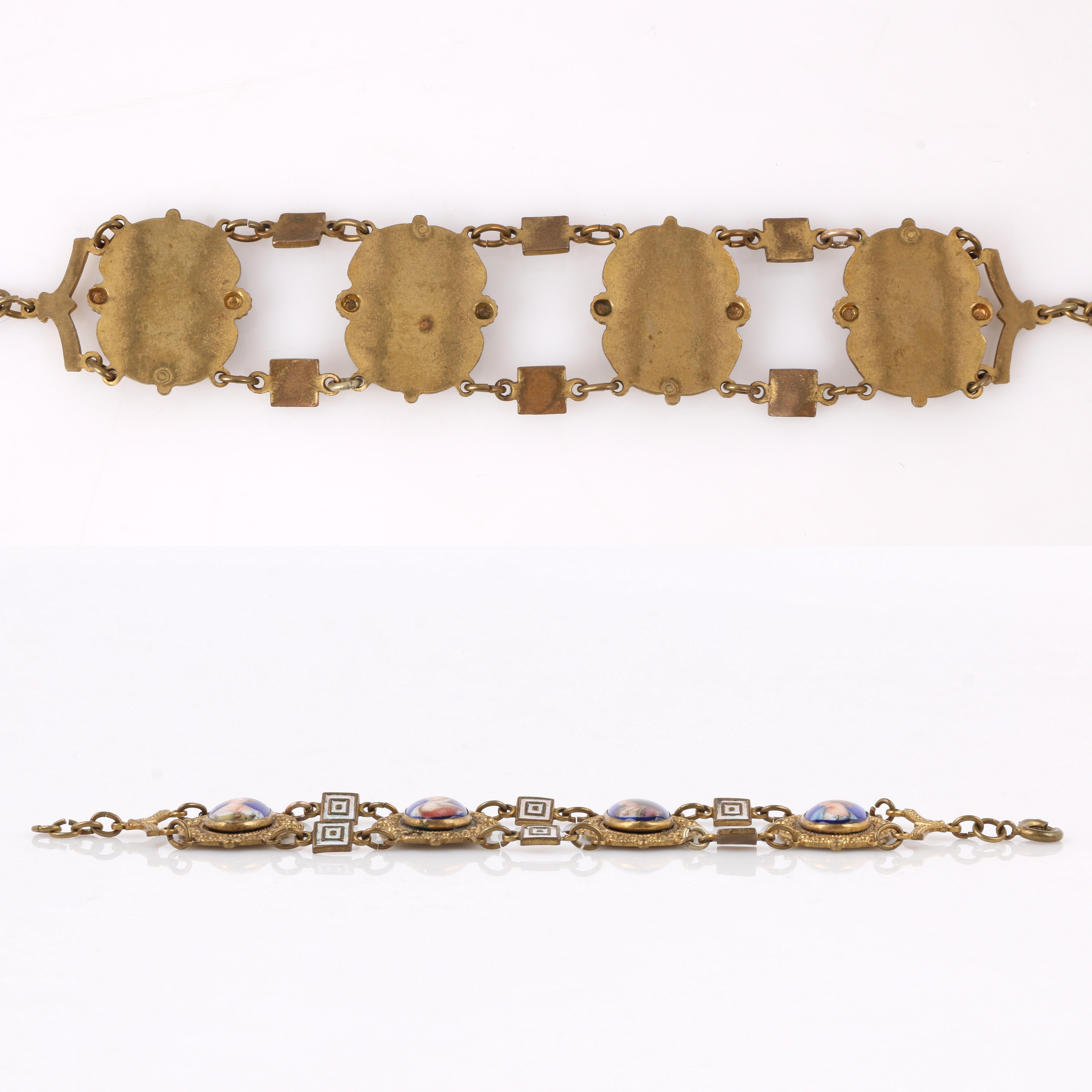ART NOUVEAU ca. 1920er Jahre Tschechisches handbemaltes Porträt-Messing-Halskette-Armband Parure im Angebot 5