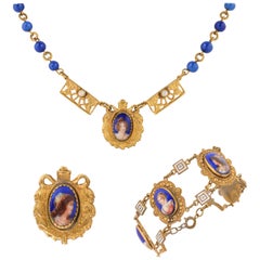 Antique ART NOUVEAU c.1920's Czech Hand Painted Portrait Brass Necklace Bracelet Parure
