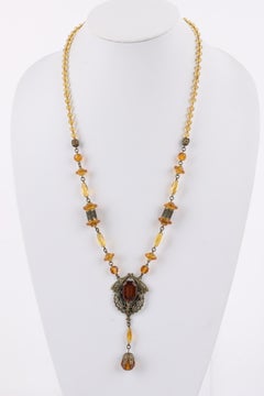 ART NOUVEAU c.1920's Ornamental Brass Amber Czech Glass Beaded Pendant Necklace