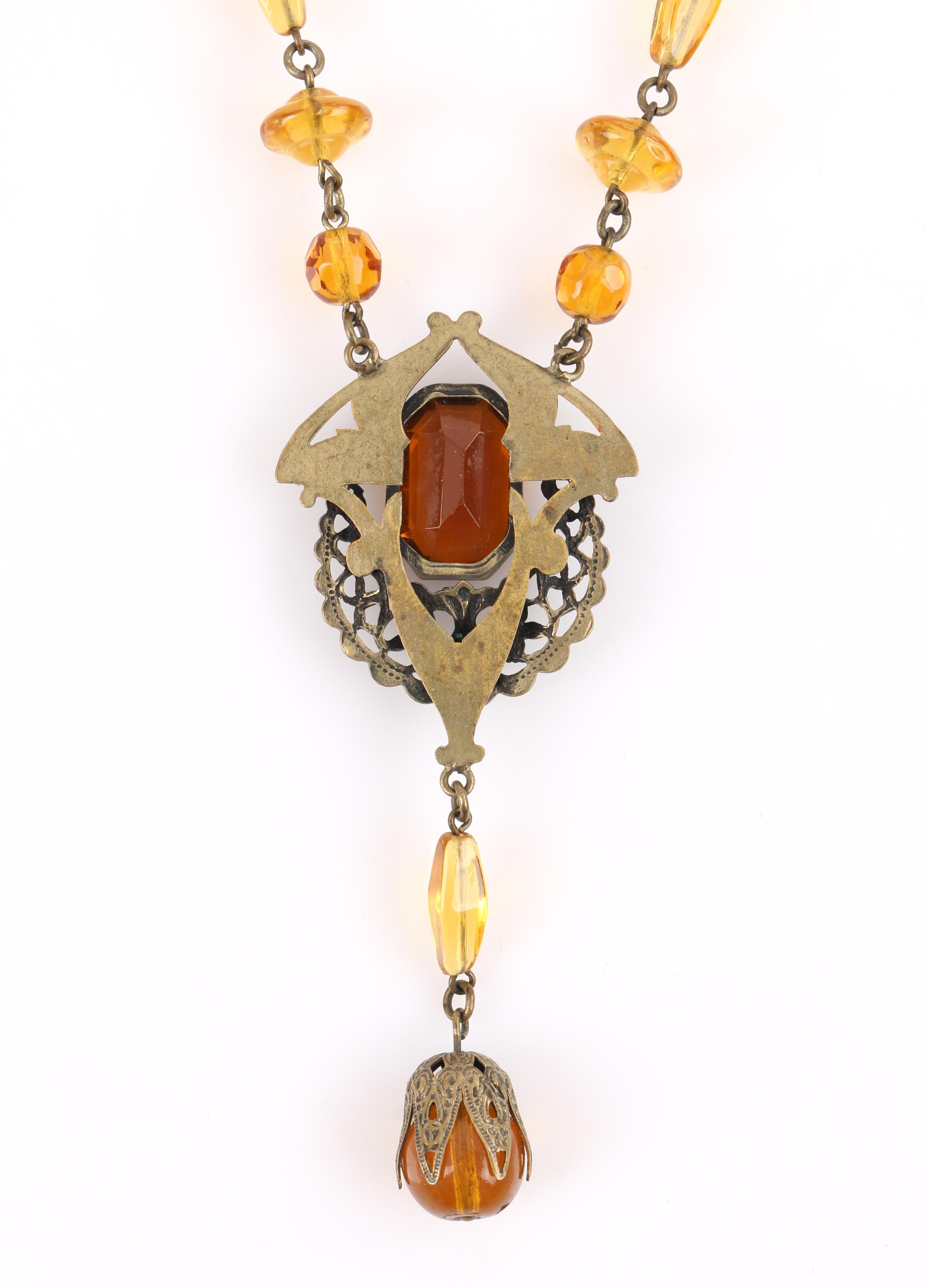 ART NOUVEAU c.1920's Ornamental Brass Amber Czech Glass Beaded Pendant Necklace In Good Condition In Thiensville, WI