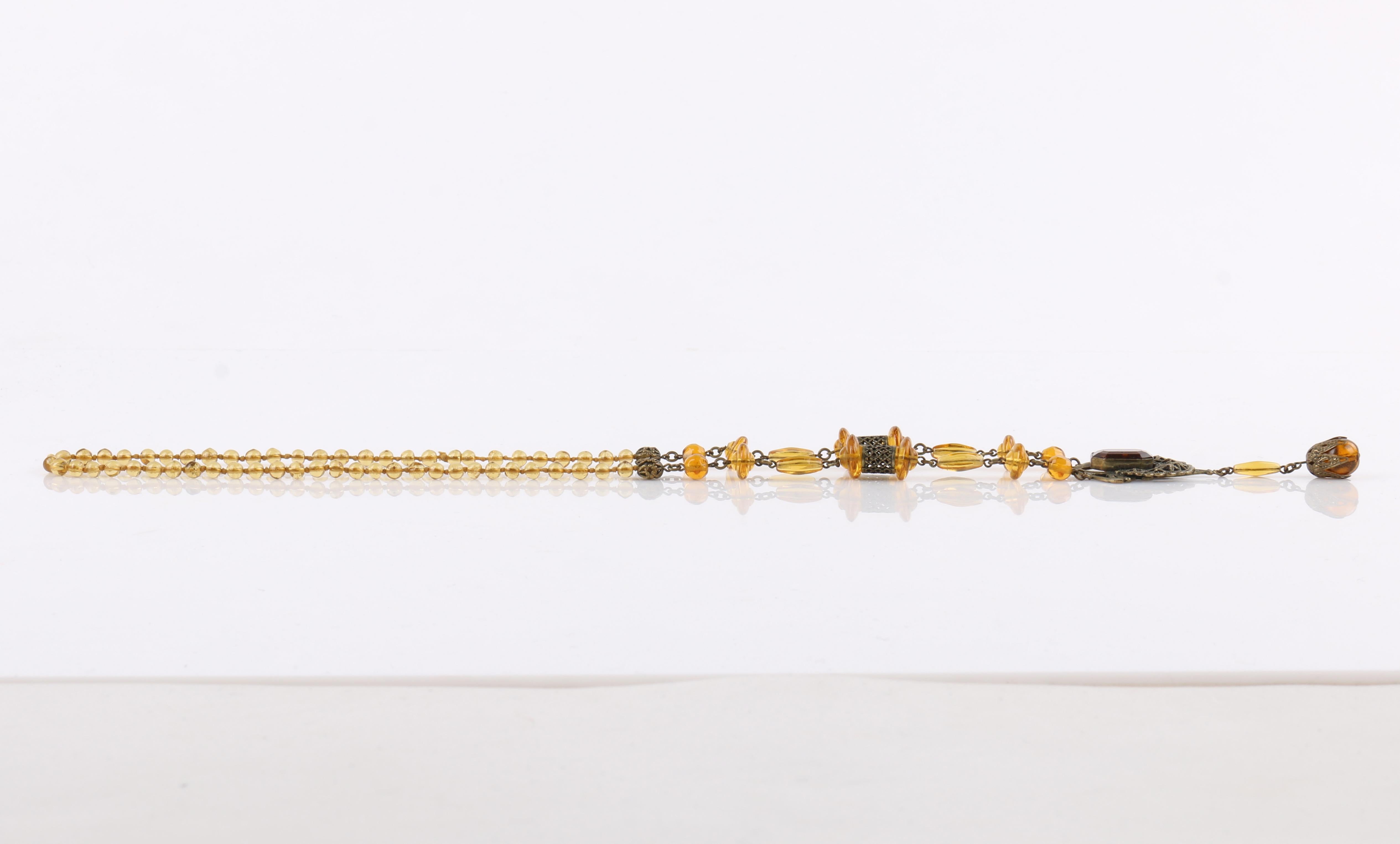 Women's ART NOUVEAU c.1920's Ornamental Brass Amber Czech Glass Beaded Pendant Necklace