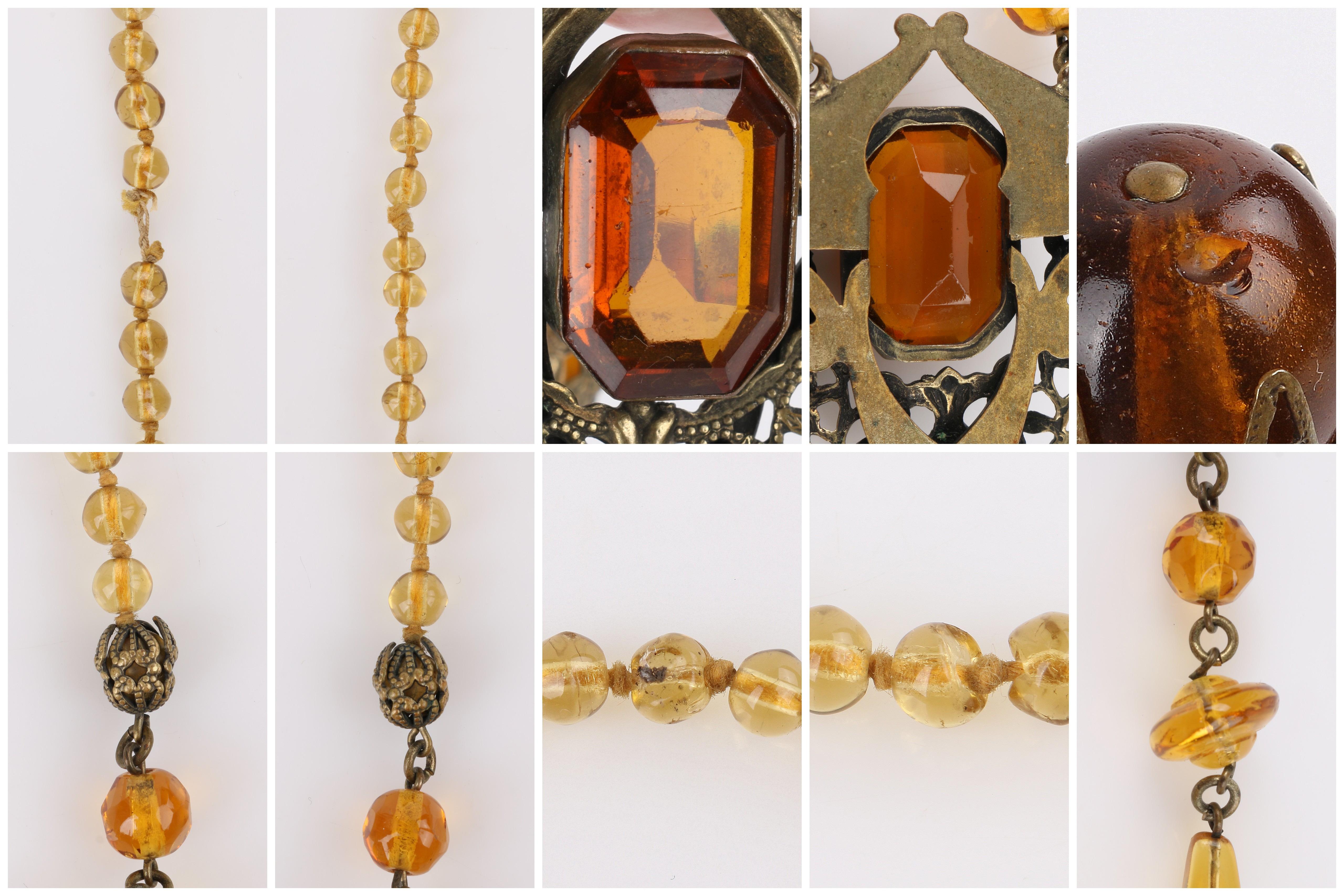 ART NOUVEAU c.1920's Ornamental Brass Amber Czech Glass Beaded Pendant Necklace 2