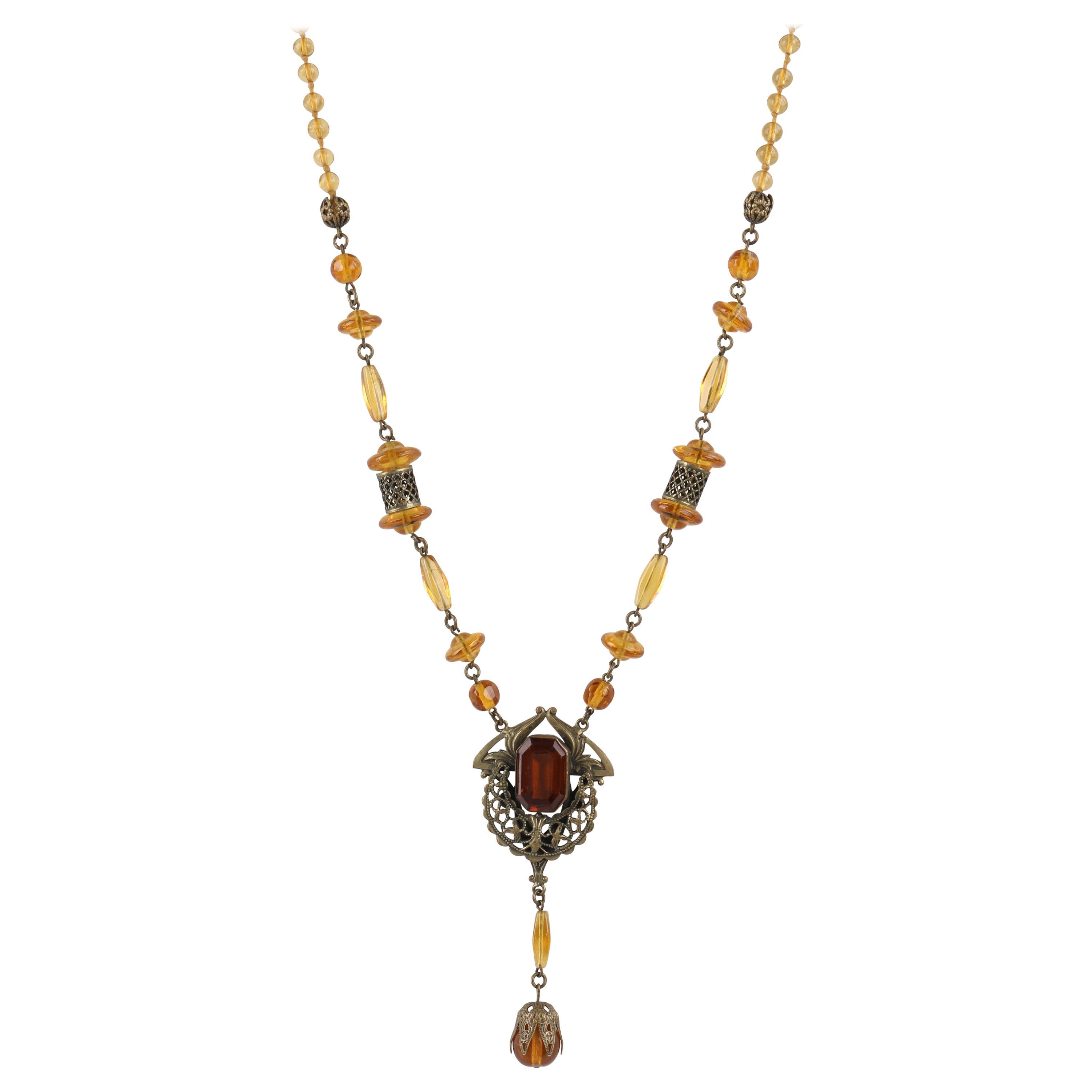 ART NOUVEAU c.1920's Ornamental Brass Amber Czech Glass Beaded Pendant Necklace