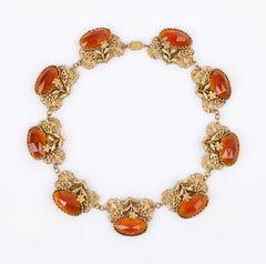 ART NOUVEAU c.1930's Floral Filigree Brass & Amber Czech Glass Choker Necklace