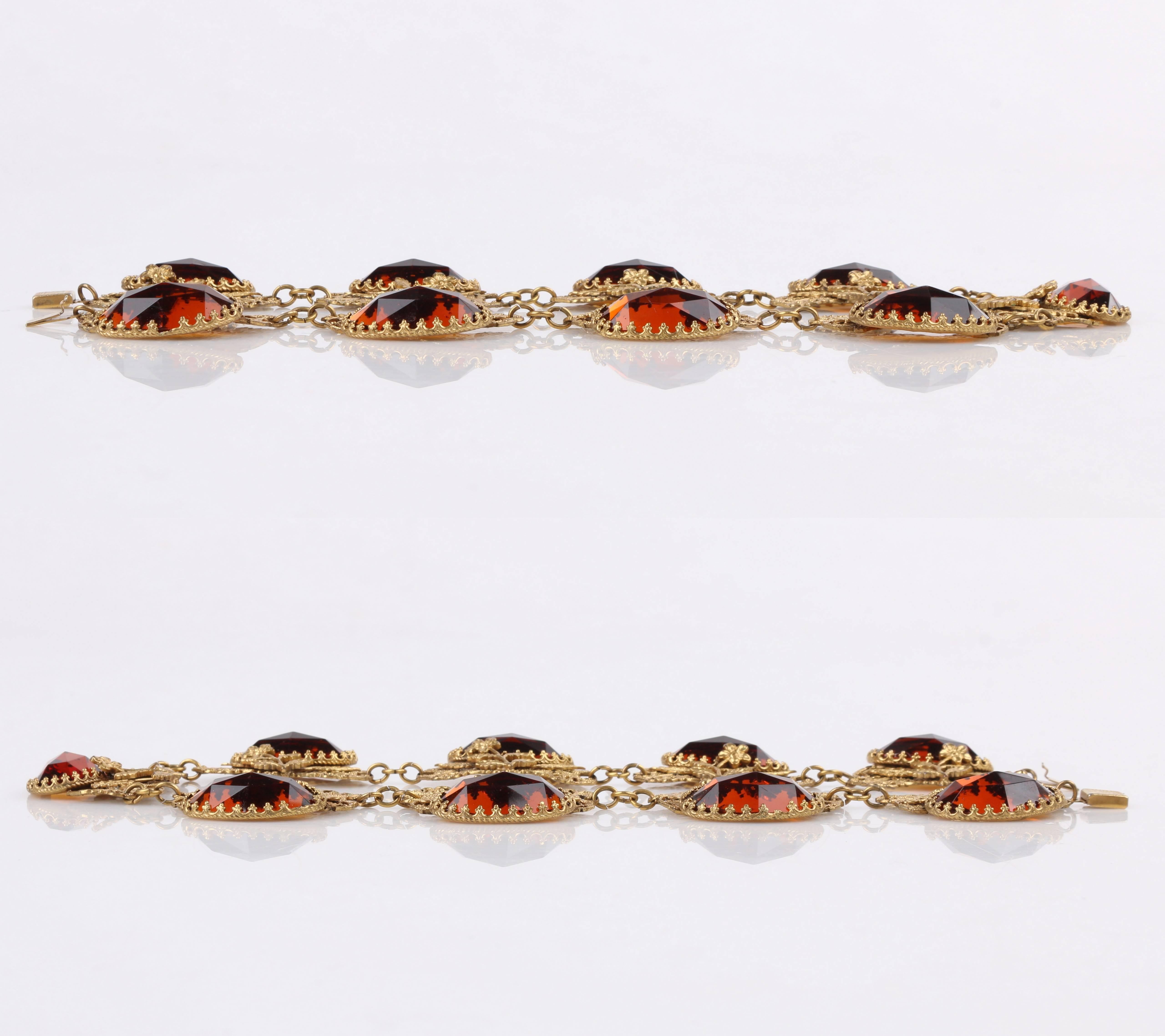 ART NOUVEAU c.1930's Floral Filigree Brass & Amber Czech Glass Choker Necklace In Excellent Condition For Sale In Thiensville, WI